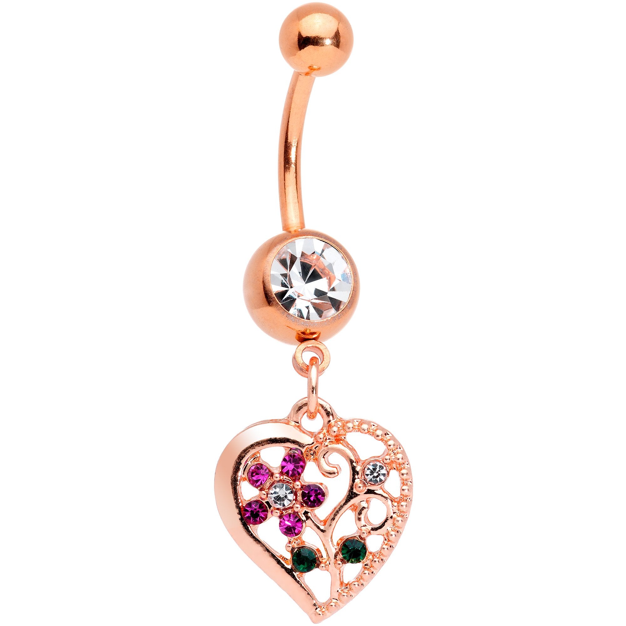 Clear Purple Gem Rose Gold Tone Heart Spring Flower Dangle Belly Ring