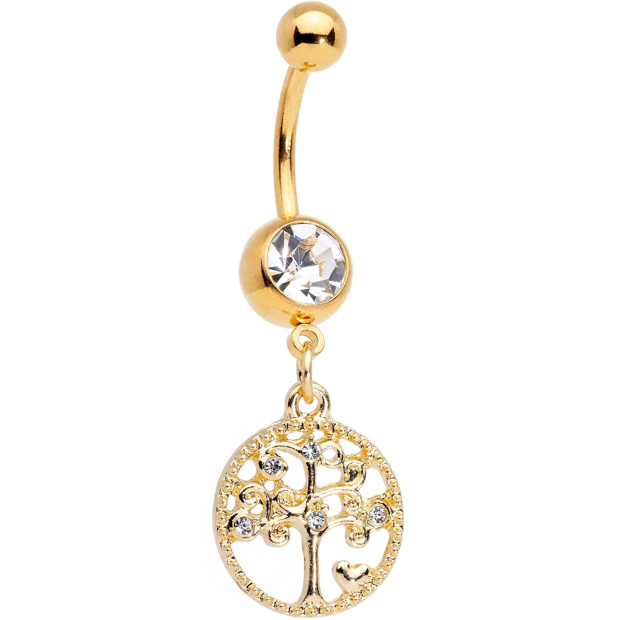 Clear Gem Gold Tone Tree of Life Dangle Belly Ring