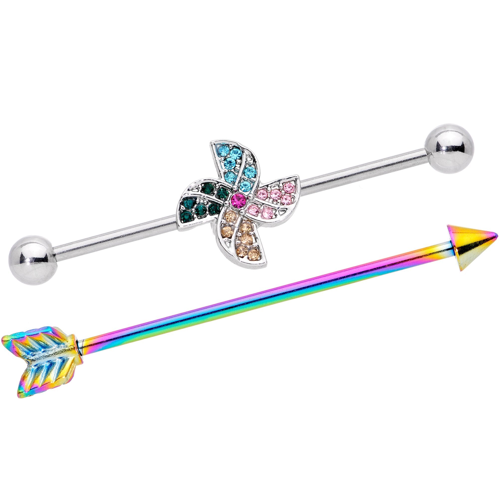 14 Gauge Rainbow Gem Pinwheel and Arrow Industrial Barbell Set 38mm