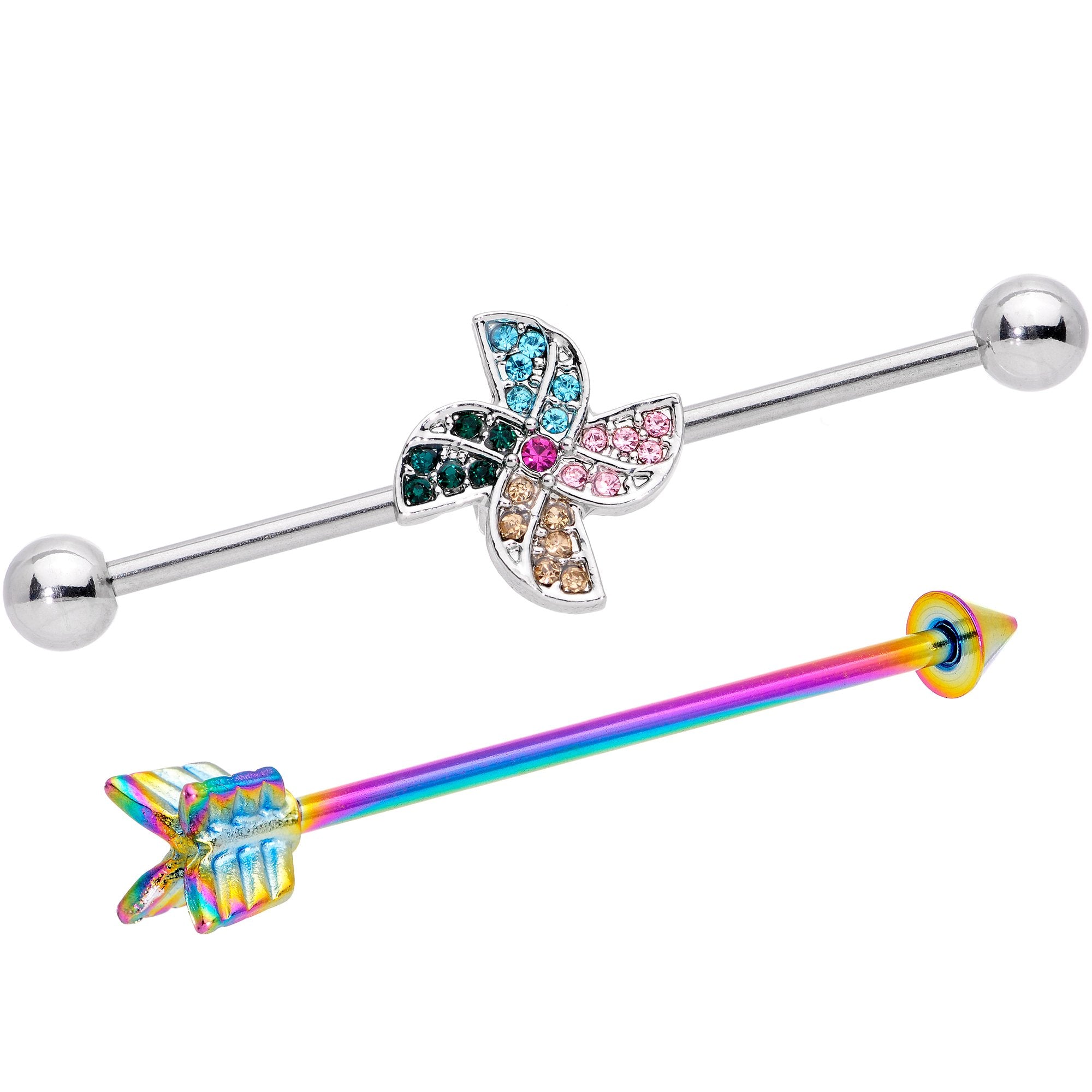 14 Gauge Rainbow Gem Pinwheel and Arrow Industrial Barbell Set 38mm