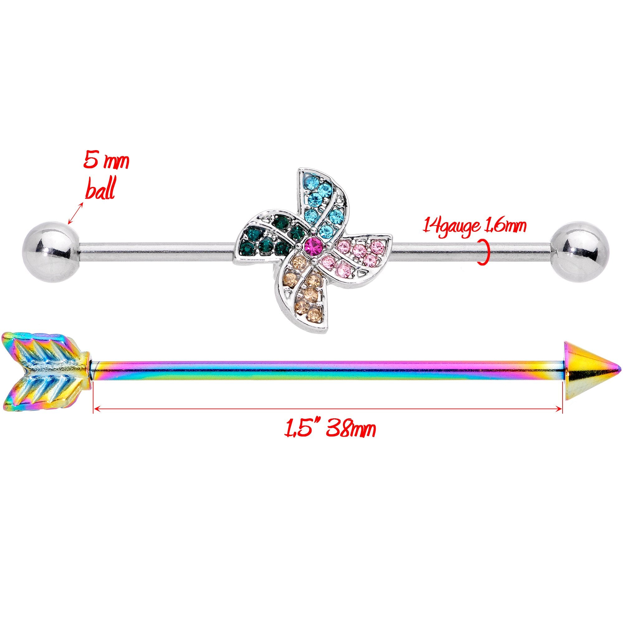 14 Gauge Rainbow Gem Pinwheel and Arrow Industrial Barbell Set 38mm