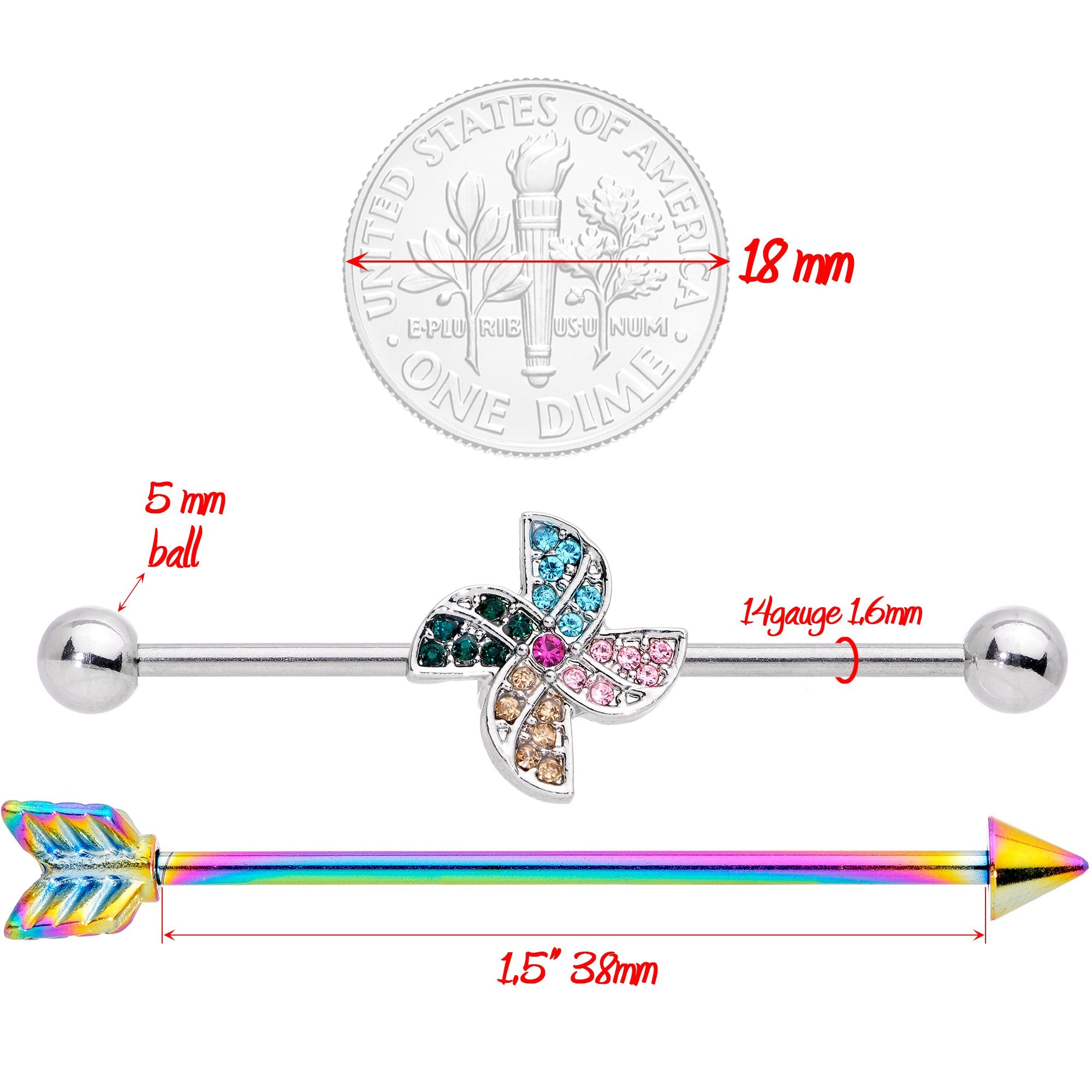 14 Gauge Rainbow Gem Pinwheel and Arrow Industrial Barbell Set 38mm