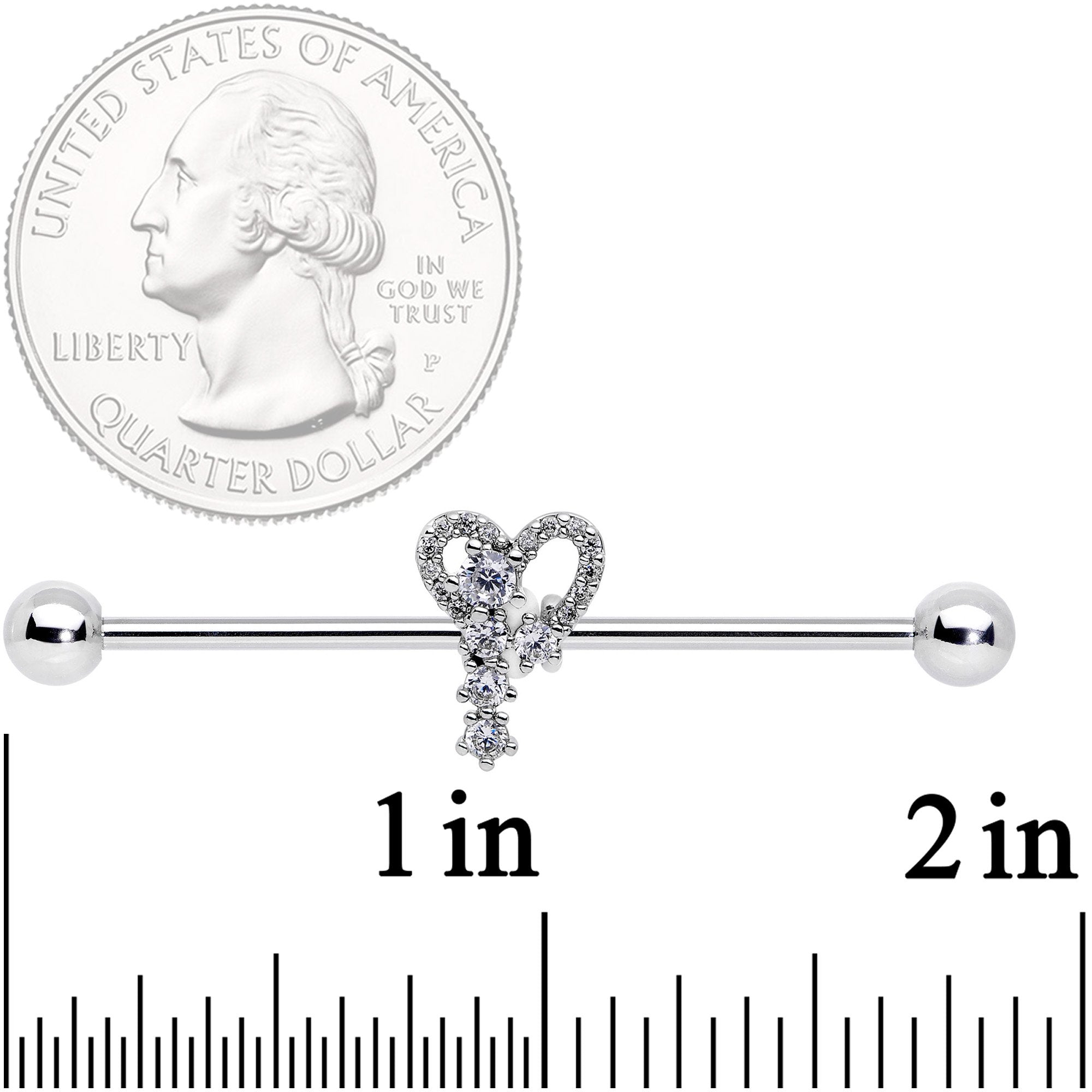 14 Gauge Clear CZ Gem Valentine Heart Industrial Barbell 38mm