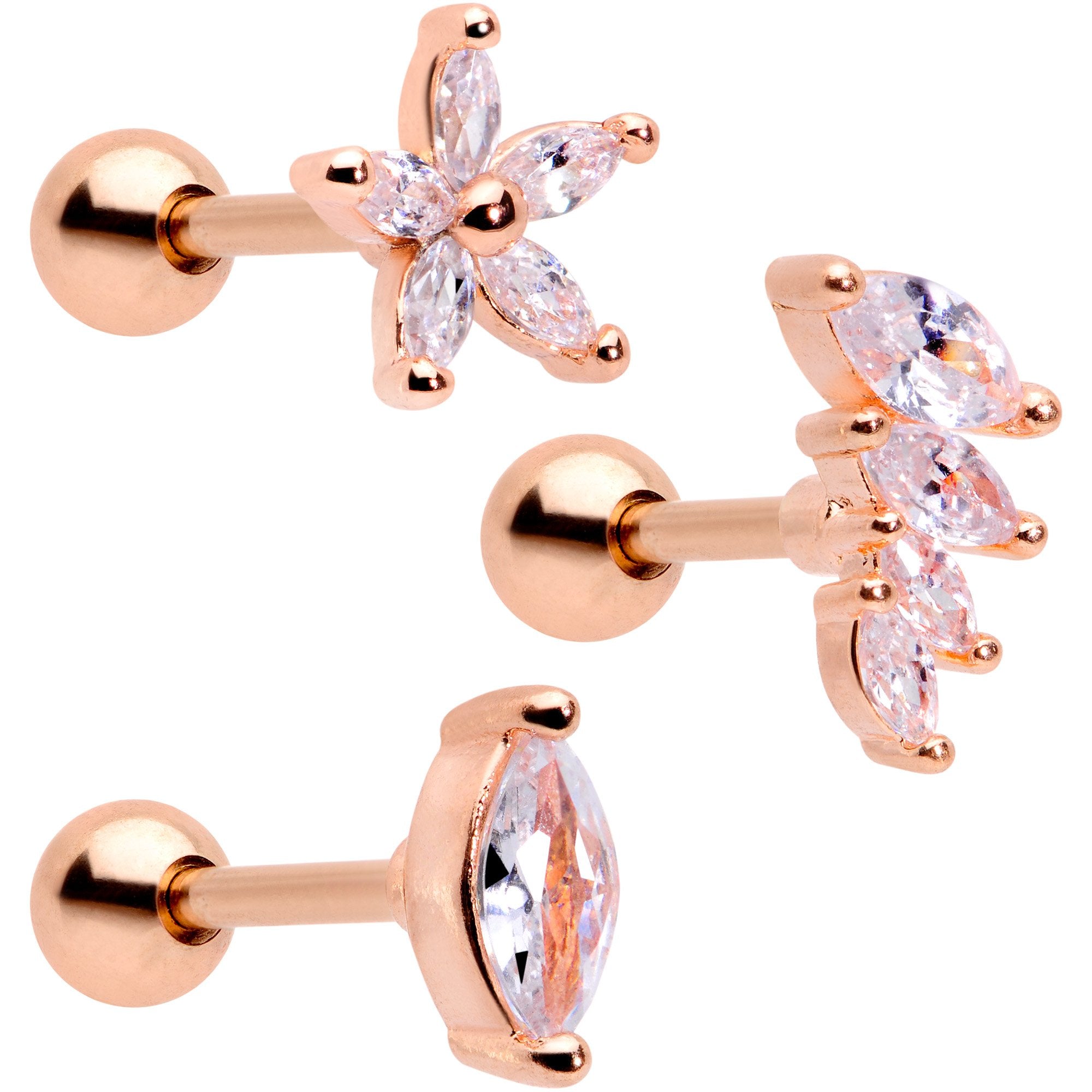 16 Gauge 1/4 Clear CZ Gem Rose Gold Tone Geometric Tragus Set of 3