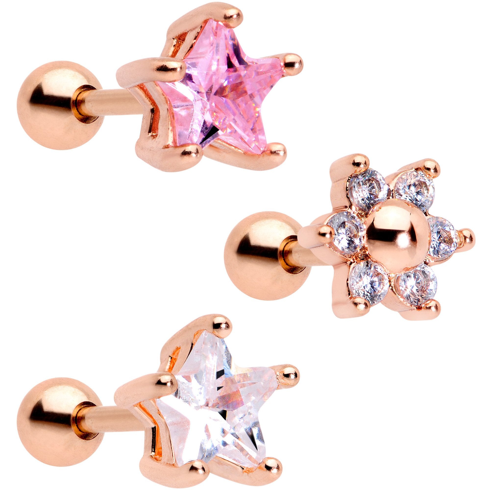 16 Gauge 1/4 Pink Clear CZ Gem Rose Gold Tone Star Tragus Set of 3