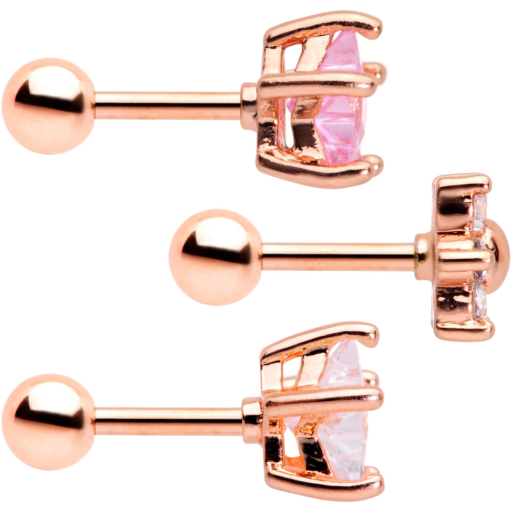 16 Gauge 1/4 Pink Clear CZ Gem Rose Gold Tone Star Tragus Set of 3