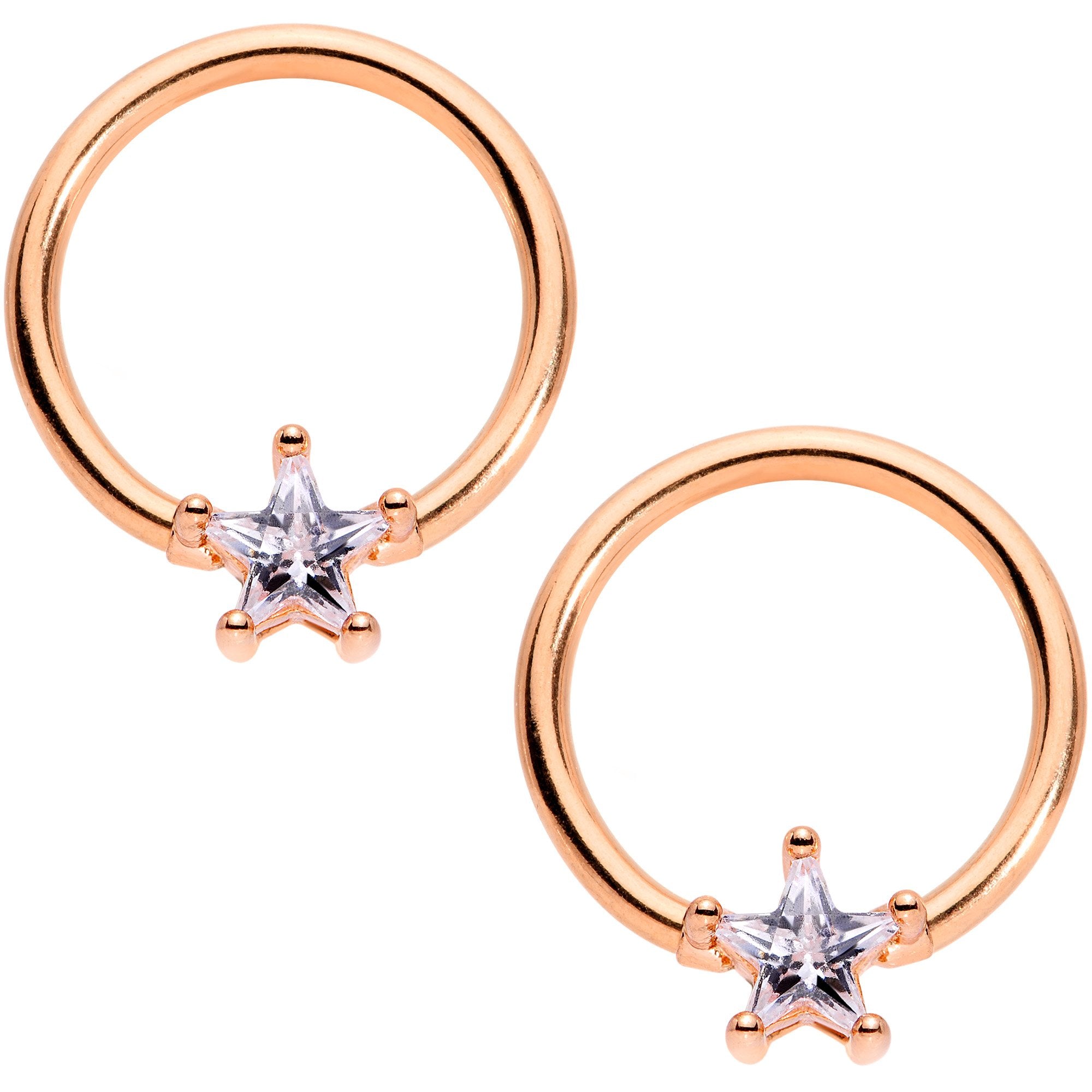 14 Gauge Clear Star CZ Gem Rose Gold Tone Captive Nipple Ring Set of 4