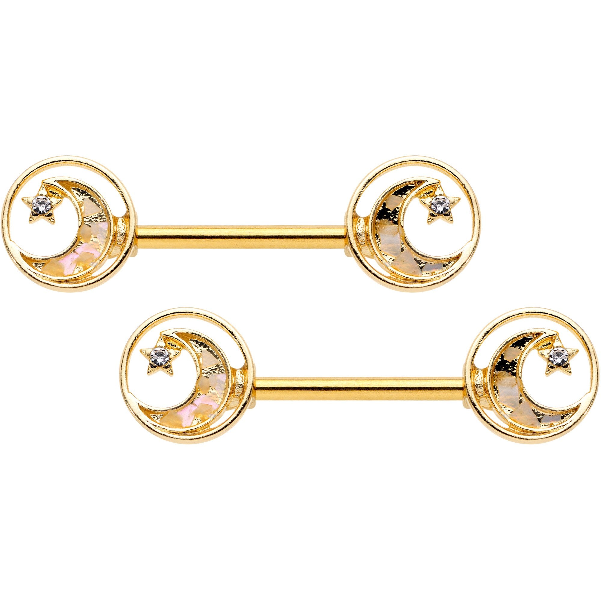 14 Gauge 9/16 Clear Gem Orbit Loop Crescent Moon Star Nipple Ring Set