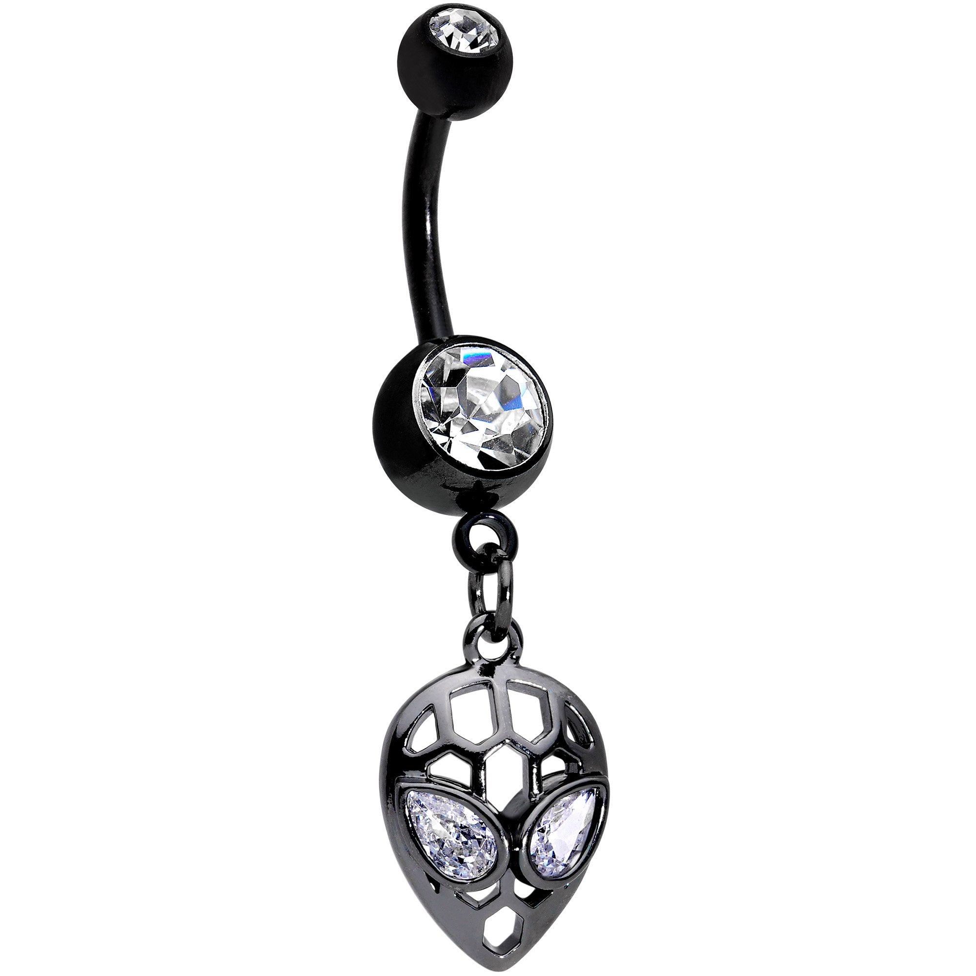 Clear CZ Gem Black Openwork Alien Dangle Belly Ring