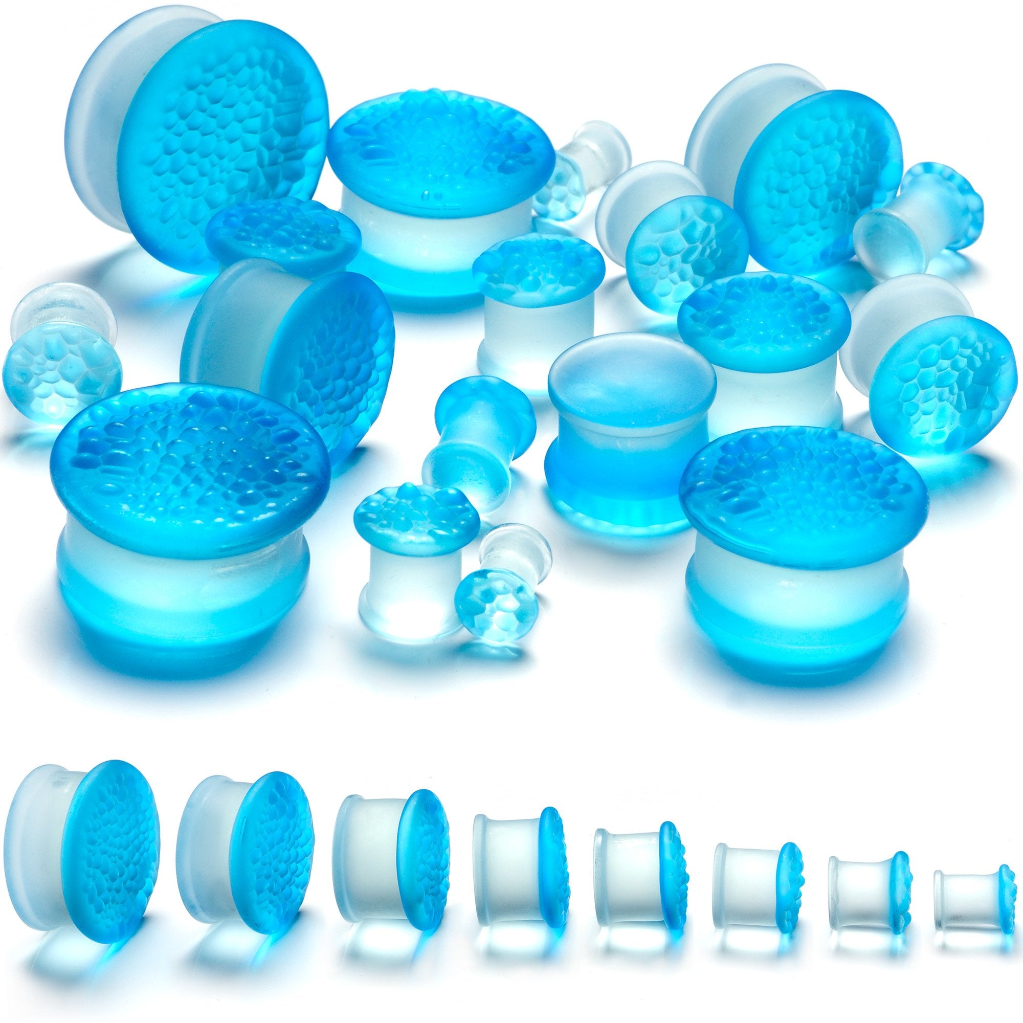 Blue Textured Glass Double Flare Plug Set Sizes 8mm to 25mm