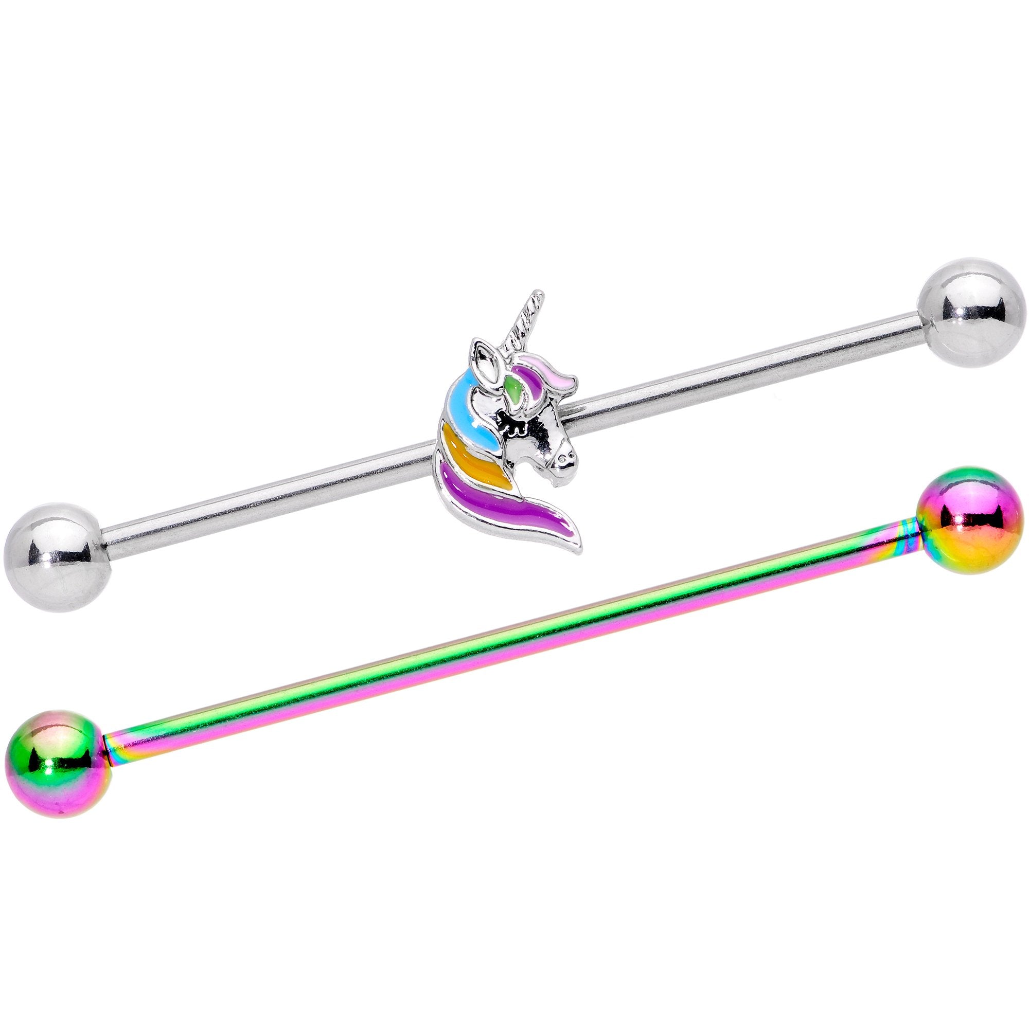 14 Gauge Unicorn Rainbow Anodized Industrial Barbell Set 38mm