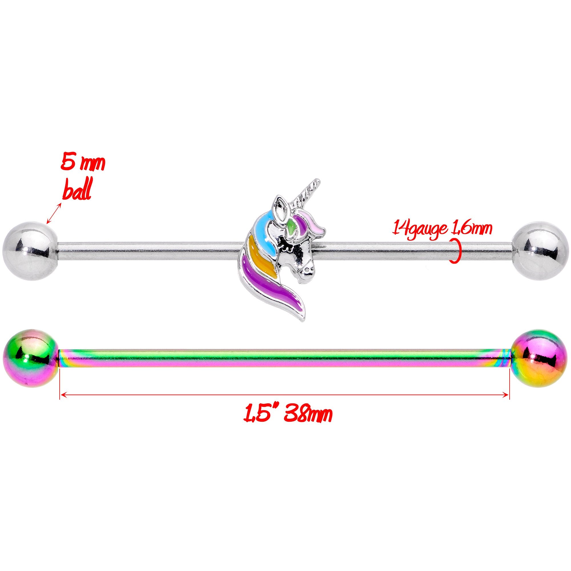 14 Gauge Unicorn Rainbow Anodized Industrial Barbell Set 38mm