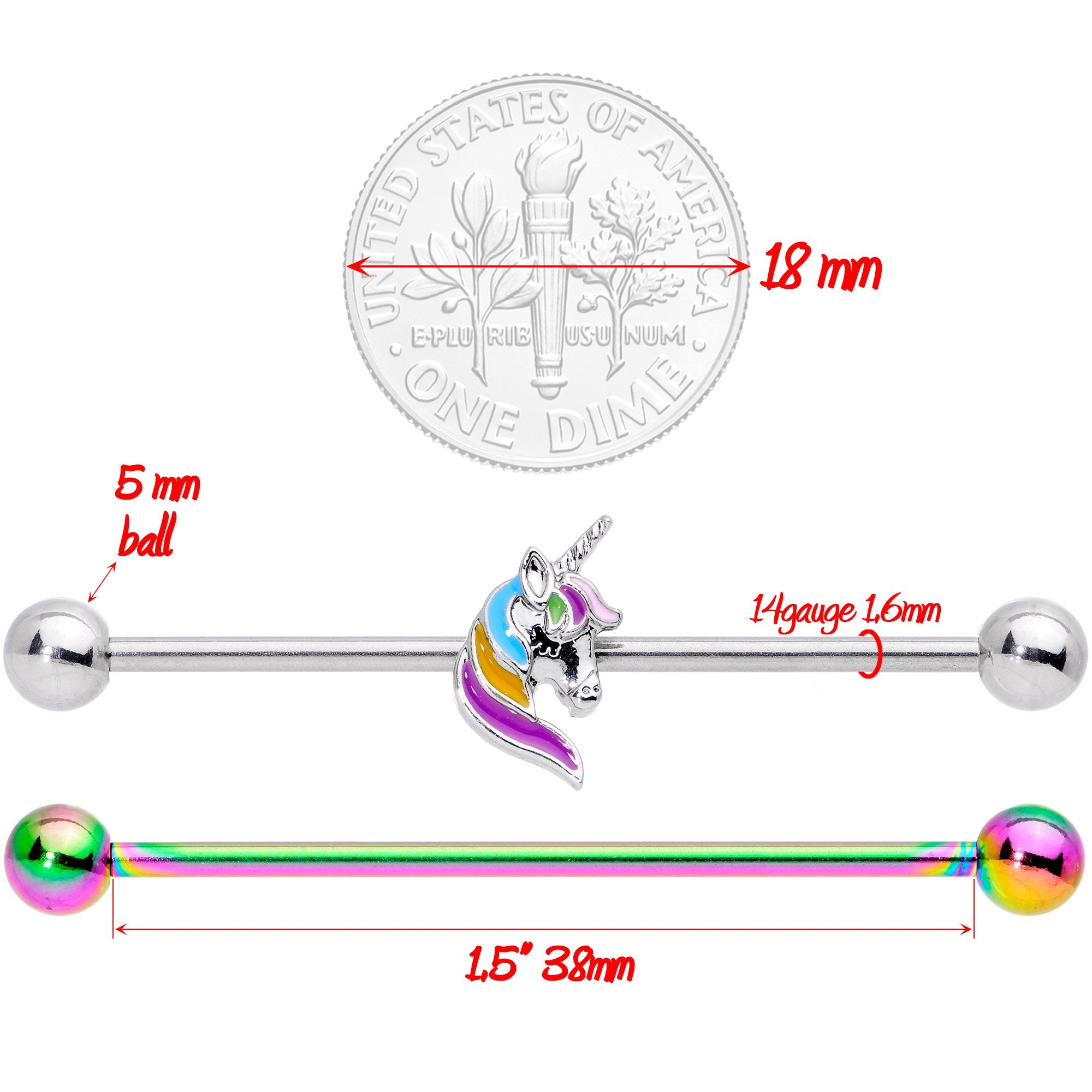 14 Gauge Unicorn Rainbow Anodized Industrial Barbell Set 38mm