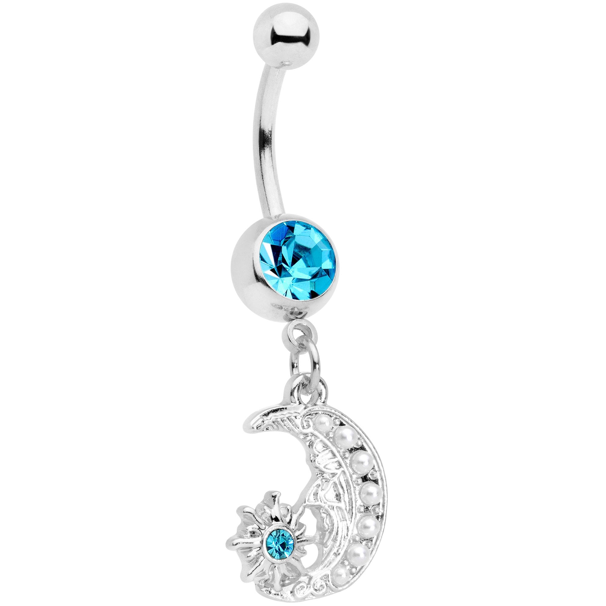 Aqua Gem Peaceful Night Star Moon Dangle Belly Ring