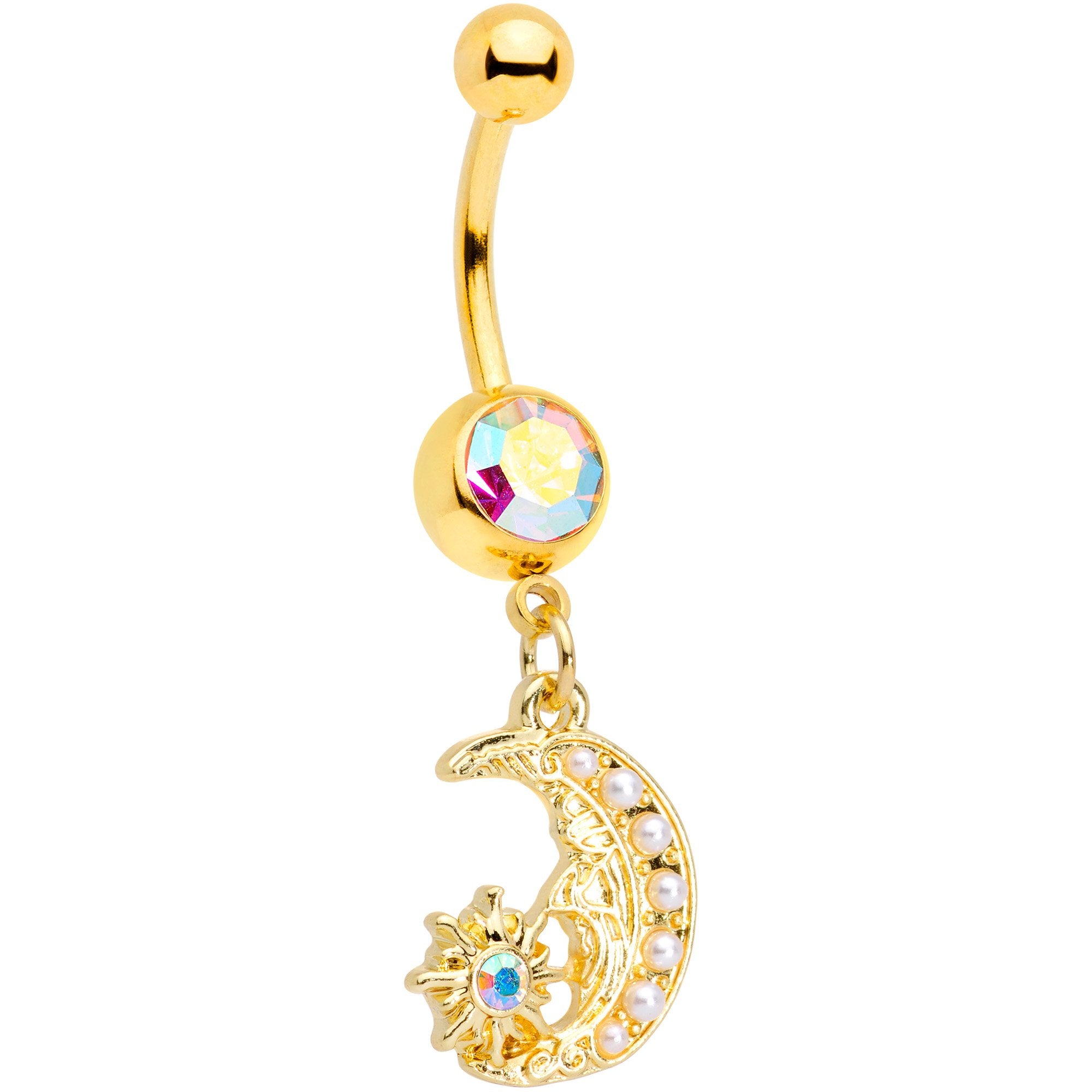 Aurora Gem Gold Tone Peaceful Night Star Moon Dangle Belly Ring