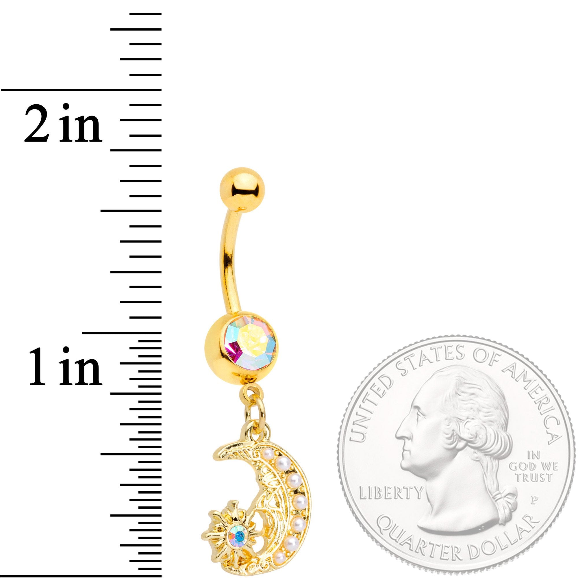 Aurora Gem Gold Tone Peaceful Night Star Moon Dangle Belly Ring