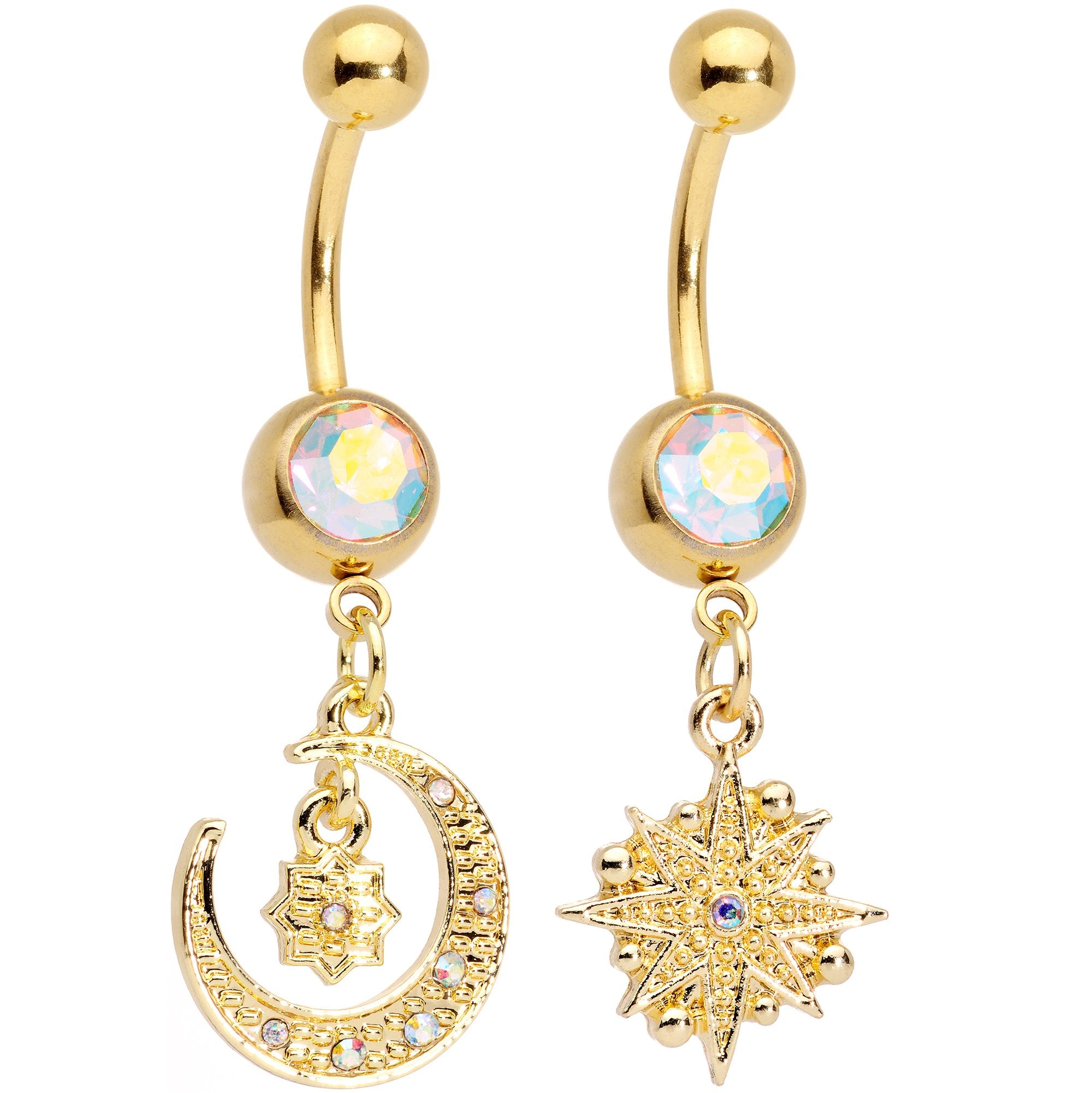 Aurora Gem Gold Tone Celestial Star Moon Dangle Belly Ring Set