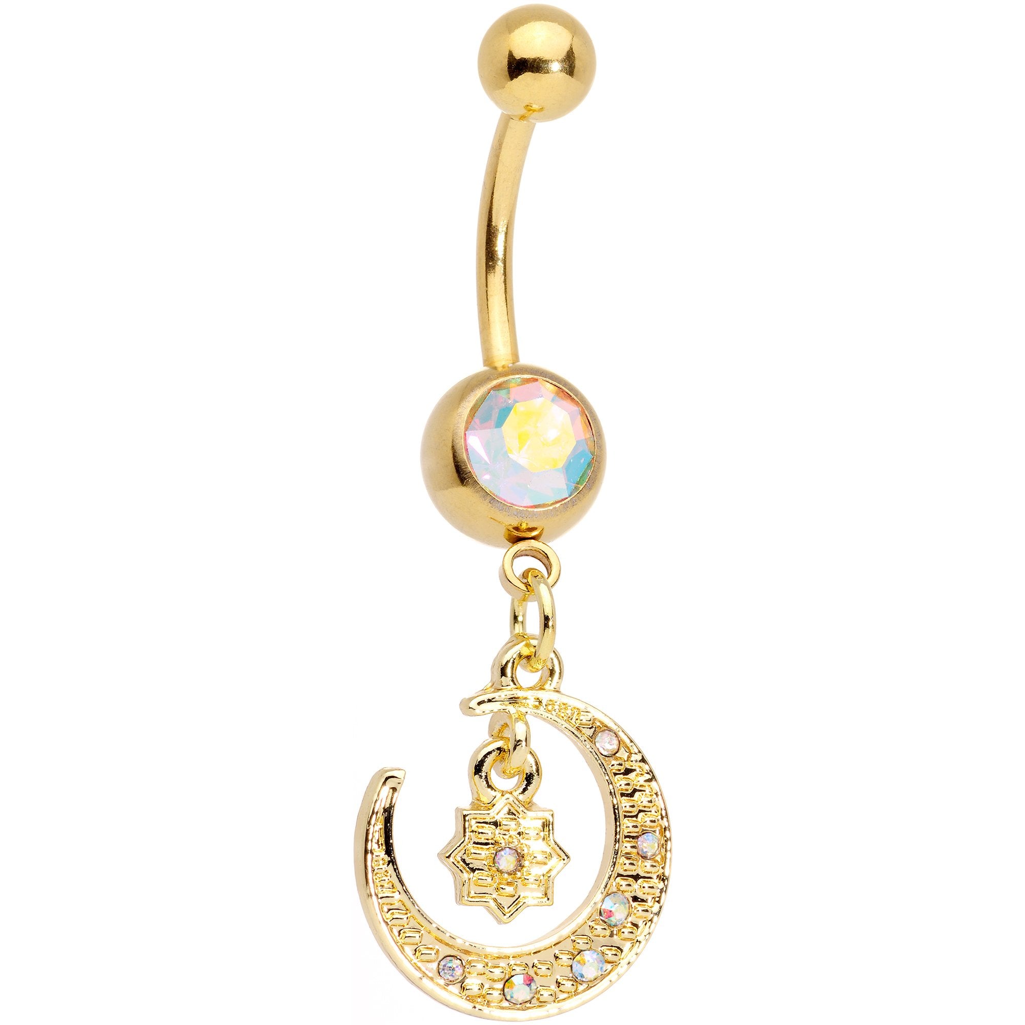 Aurora Gem Gold Tone Celestial Star Moon Dangle Belly Ring Set