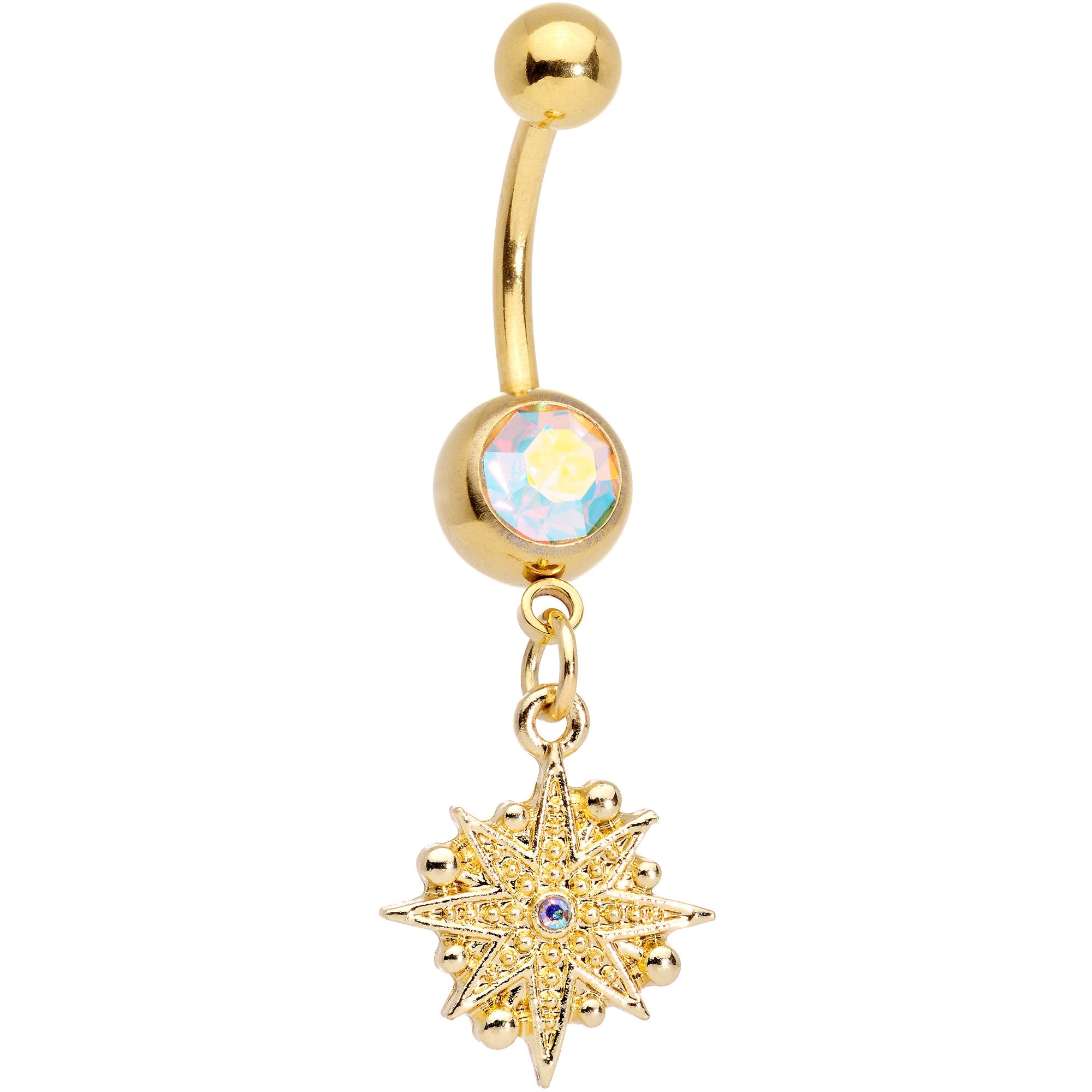 Aurora Gem Gold Tone Celestial Star Moon Dangle Belly Ring Set