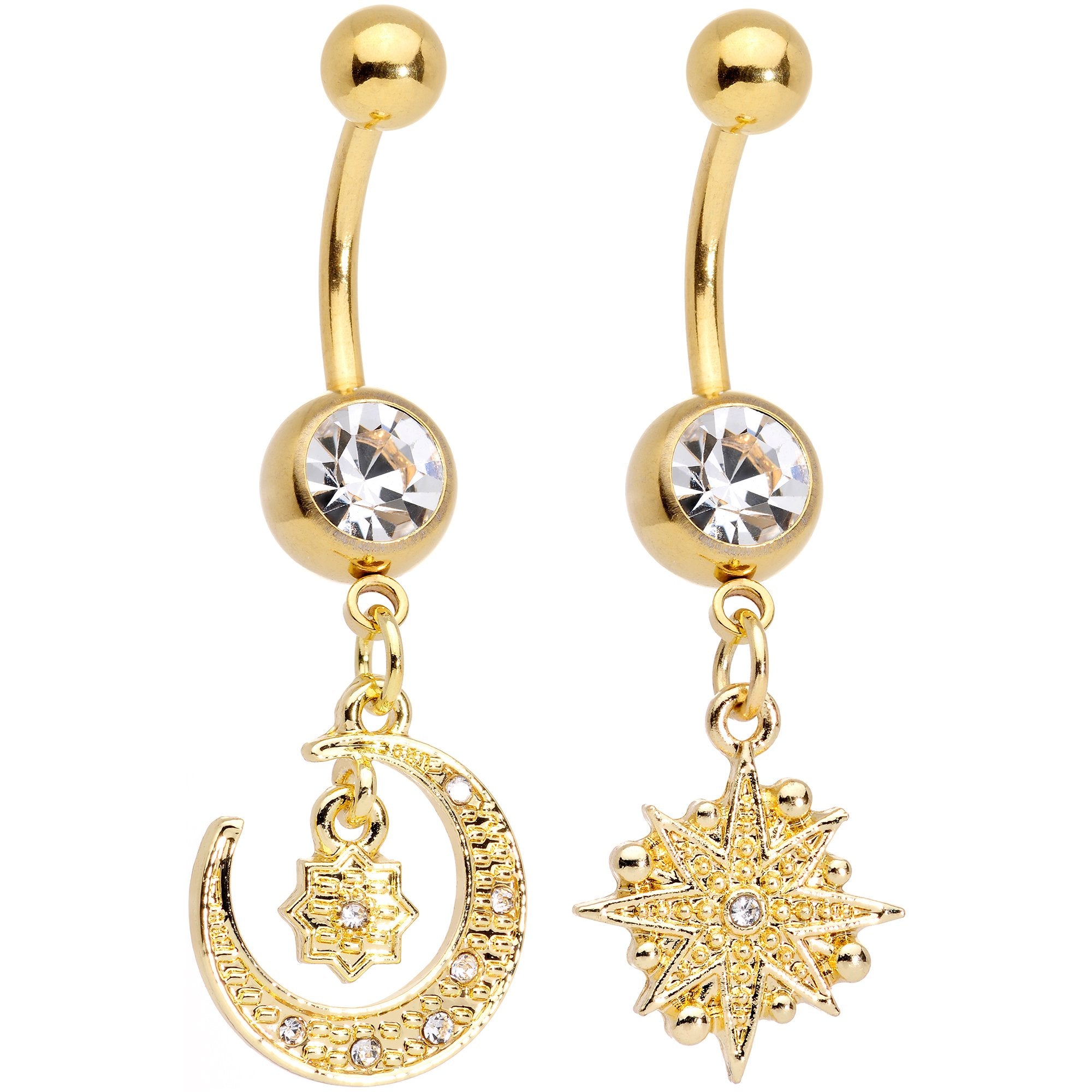 Clear Gem Gold Tone Celestial Star Moon Dangle Belly Ring Set