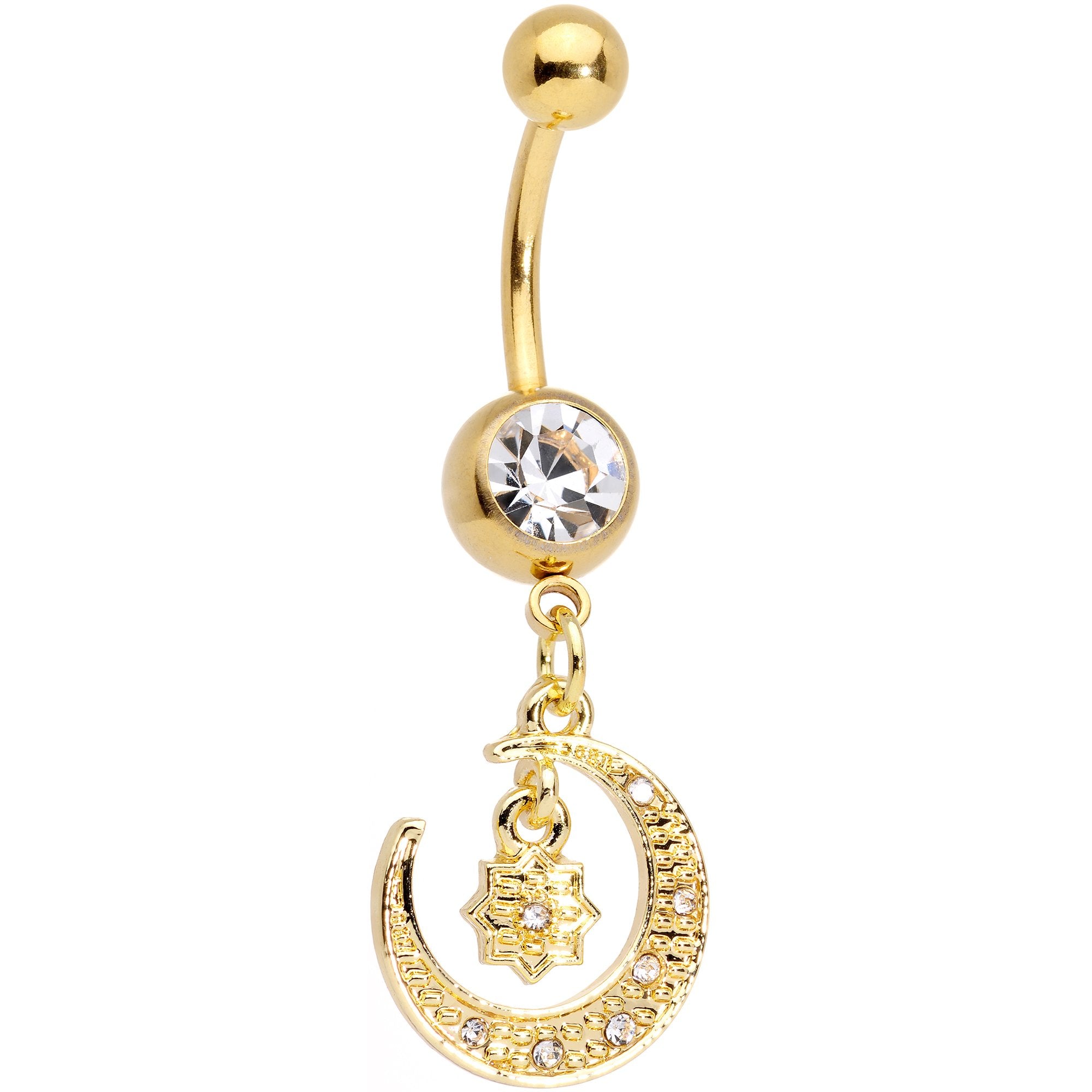 Clear Gem Gold Tone Celestial Star Moon Dangle Belly Ring Set