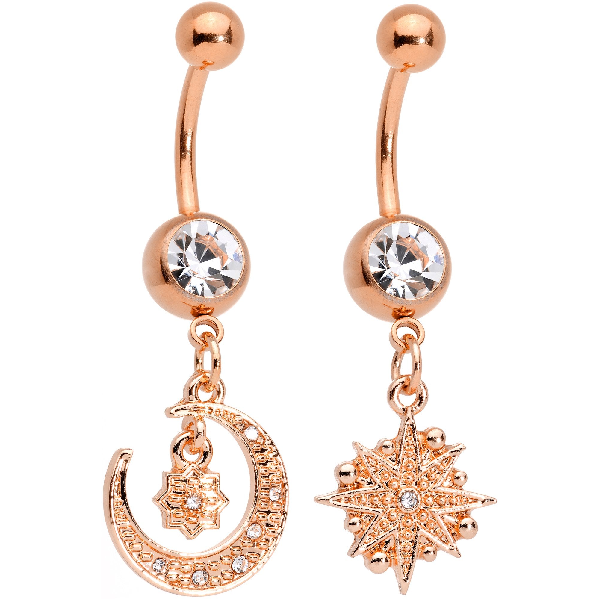 Clear Gem Rose Gold Tone Celestial Star Moon Dangle Belly Ring Set