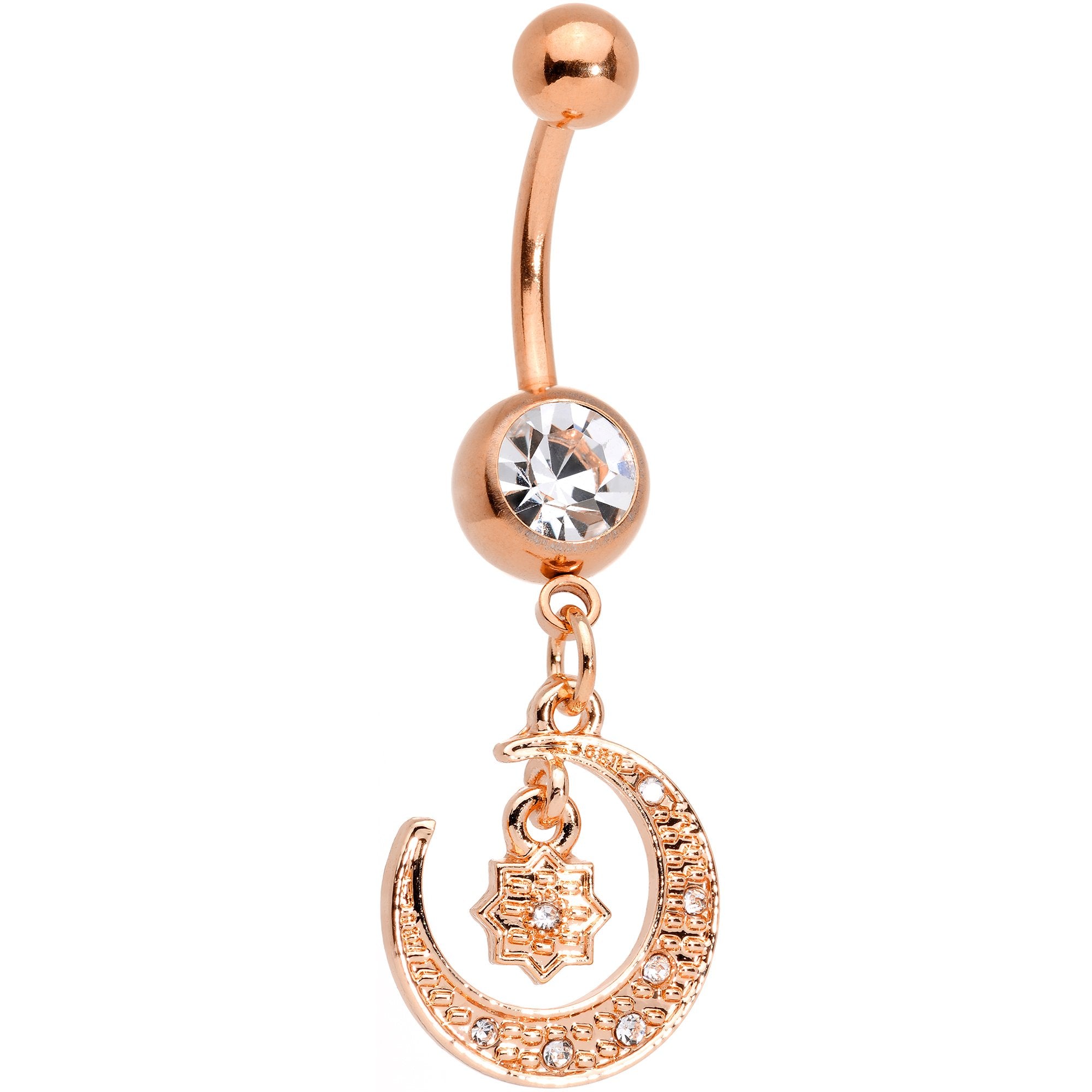 Clear Gem Rose Gold Tone Celestial Star Moon Dangle Belly Ring Set