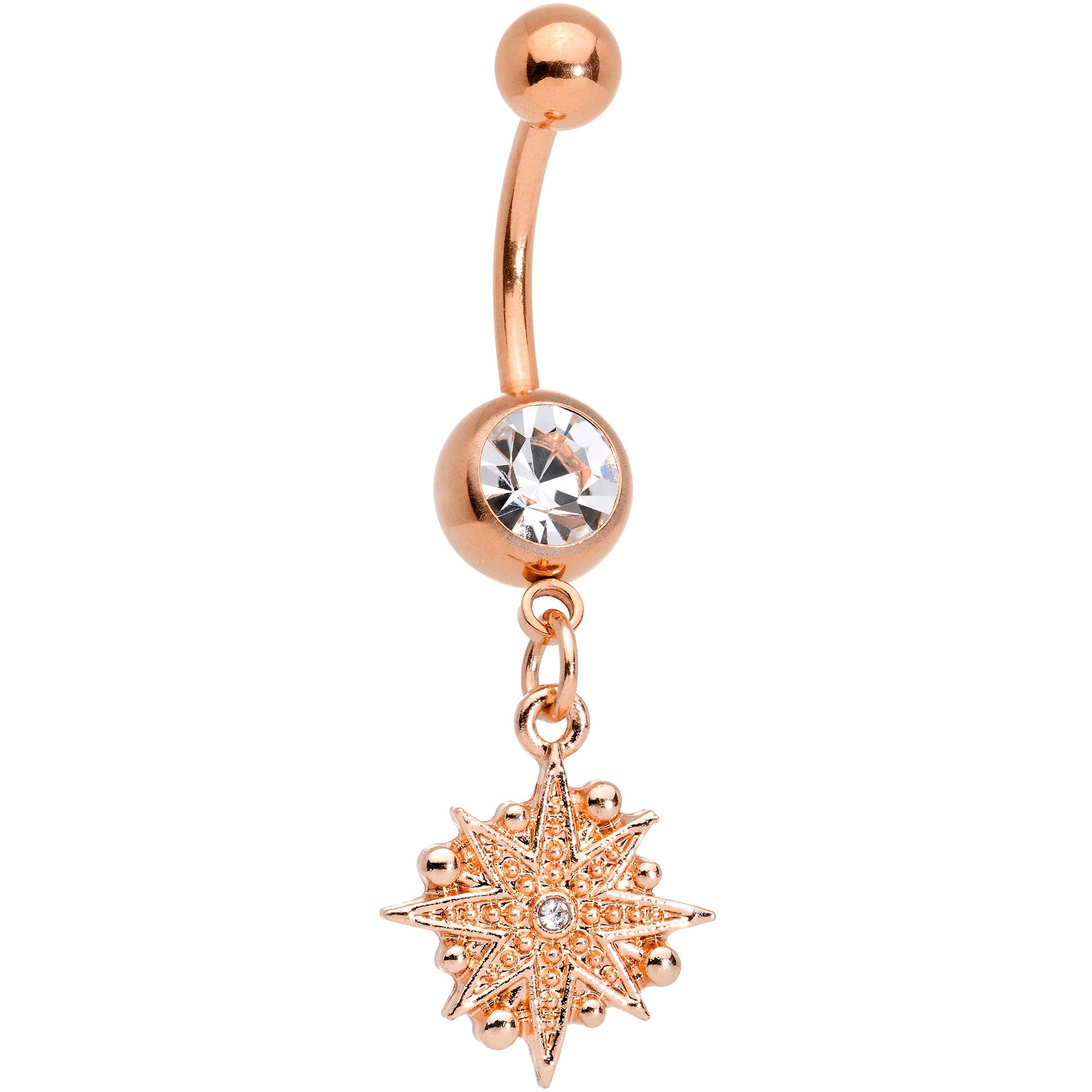 Clear Gem Rose Gold Tone Celestial Star Moon Dangle Belly Ring Set