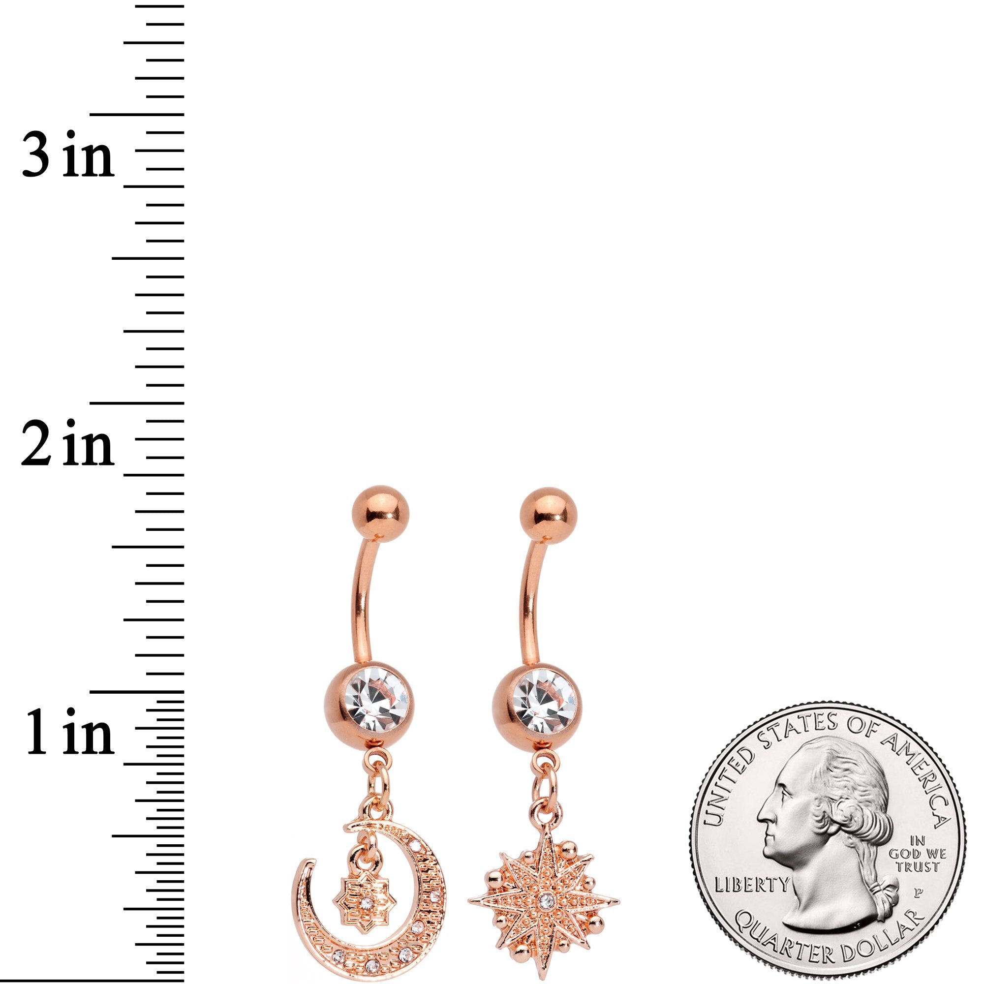 Clear Gem Rose Gold Tone Celestial Star Moon Dangle Belly Ring Set