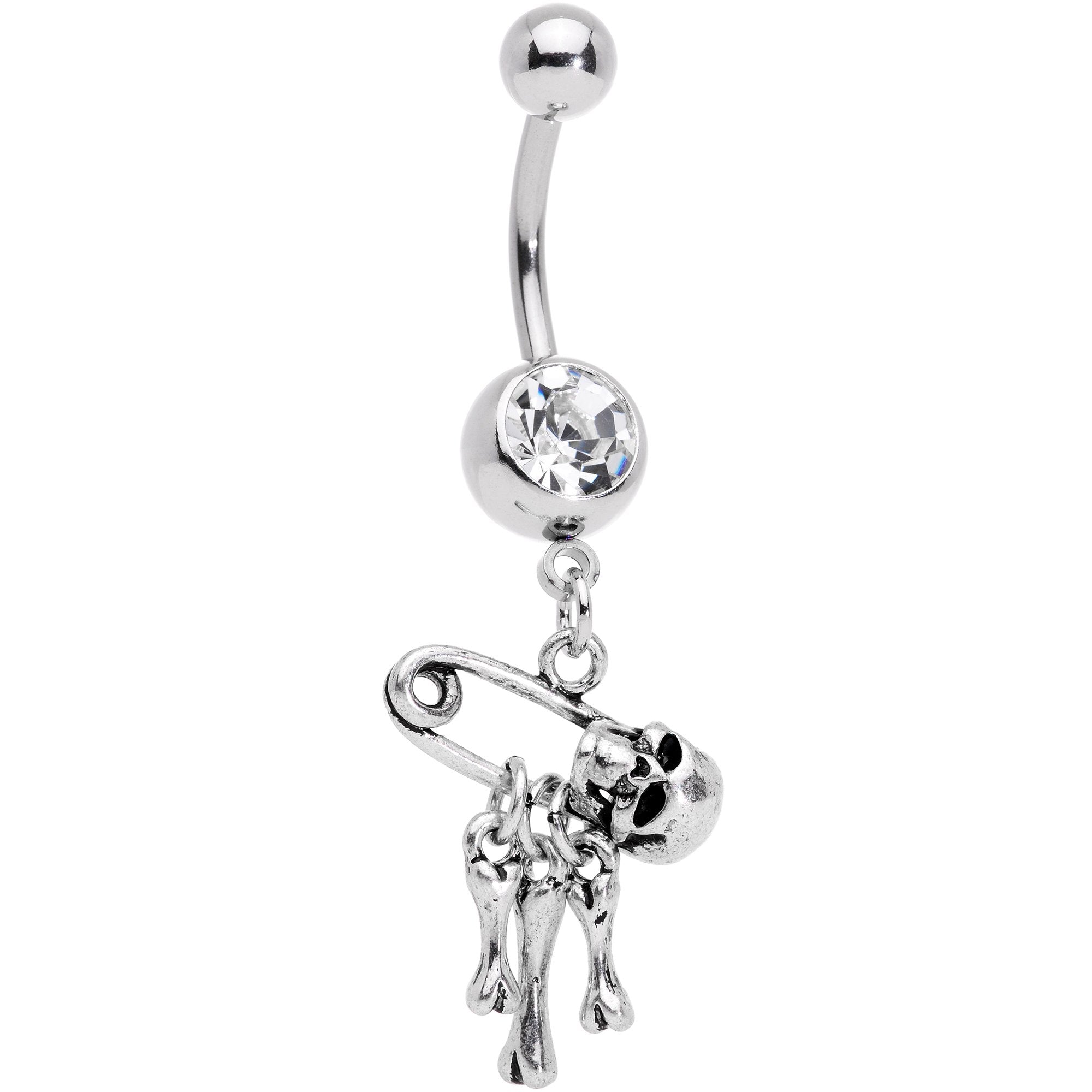 Clear Gem Skull Bones Safety Pin Halloween Dangle Belly Ring