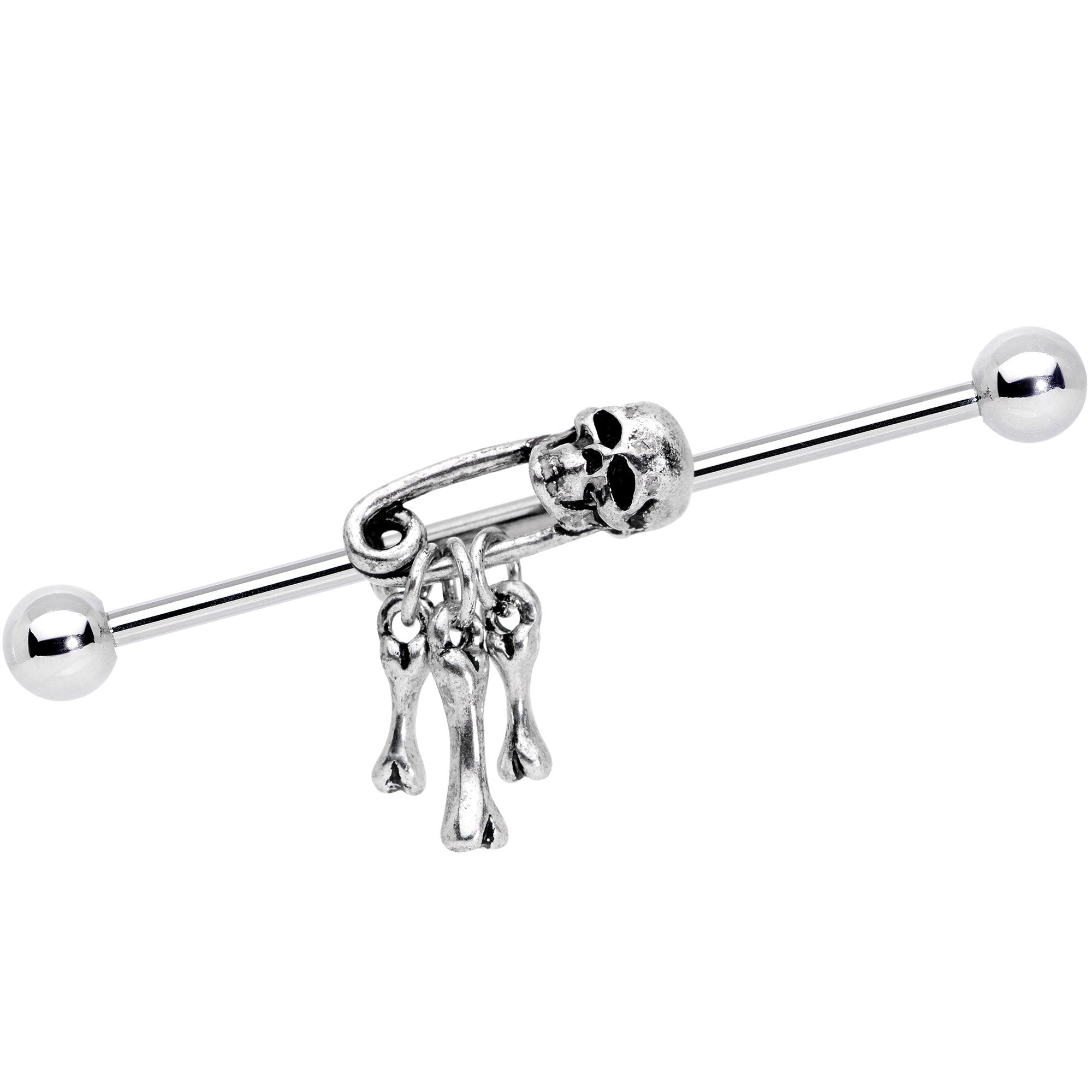 14 Gauge Skull Bones Safety Pin Halloween Industrial Barbell 38mm