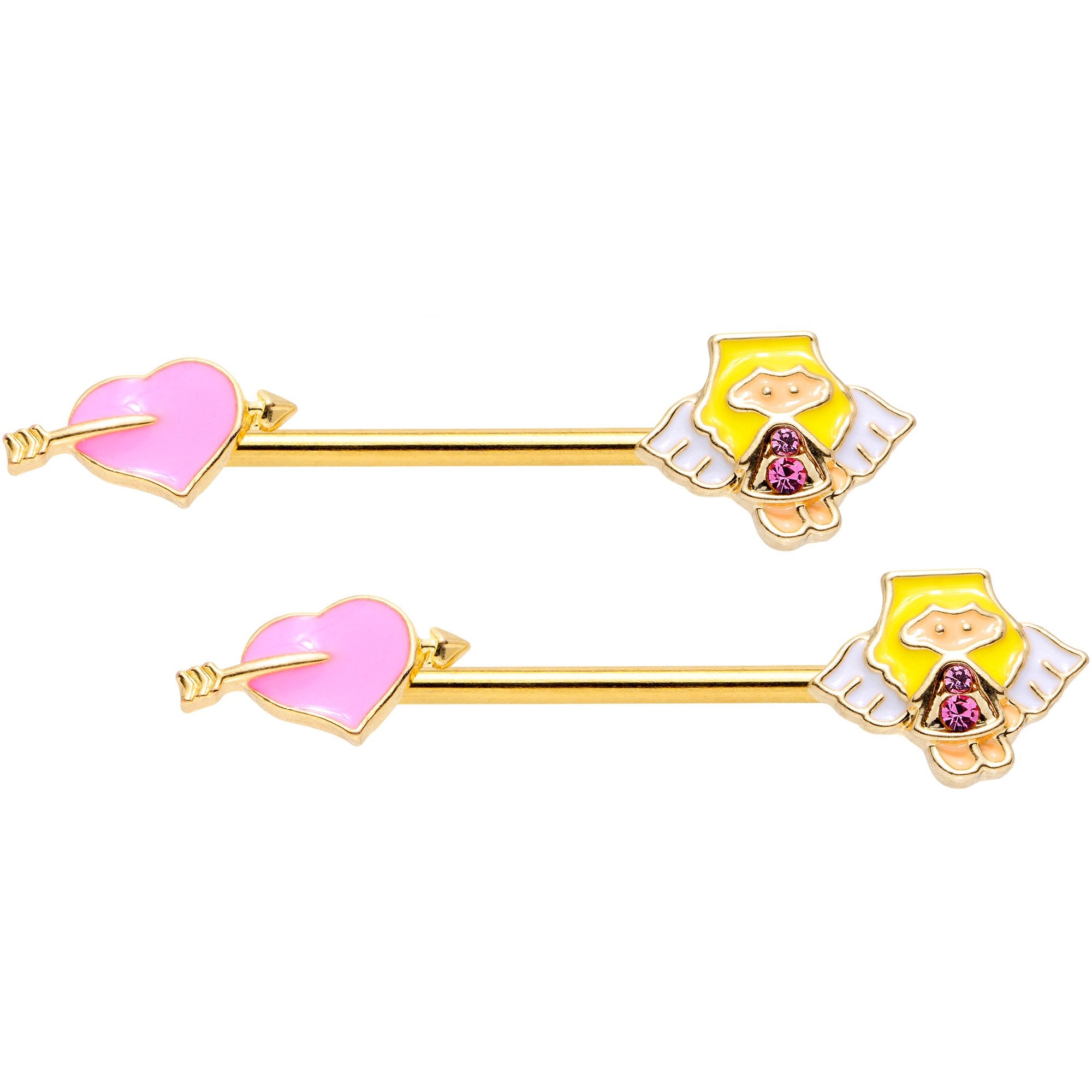 14 Gauge 9/16 Pink Gem Heart Cupid Gold Tone Barbell Nipple Ring Set