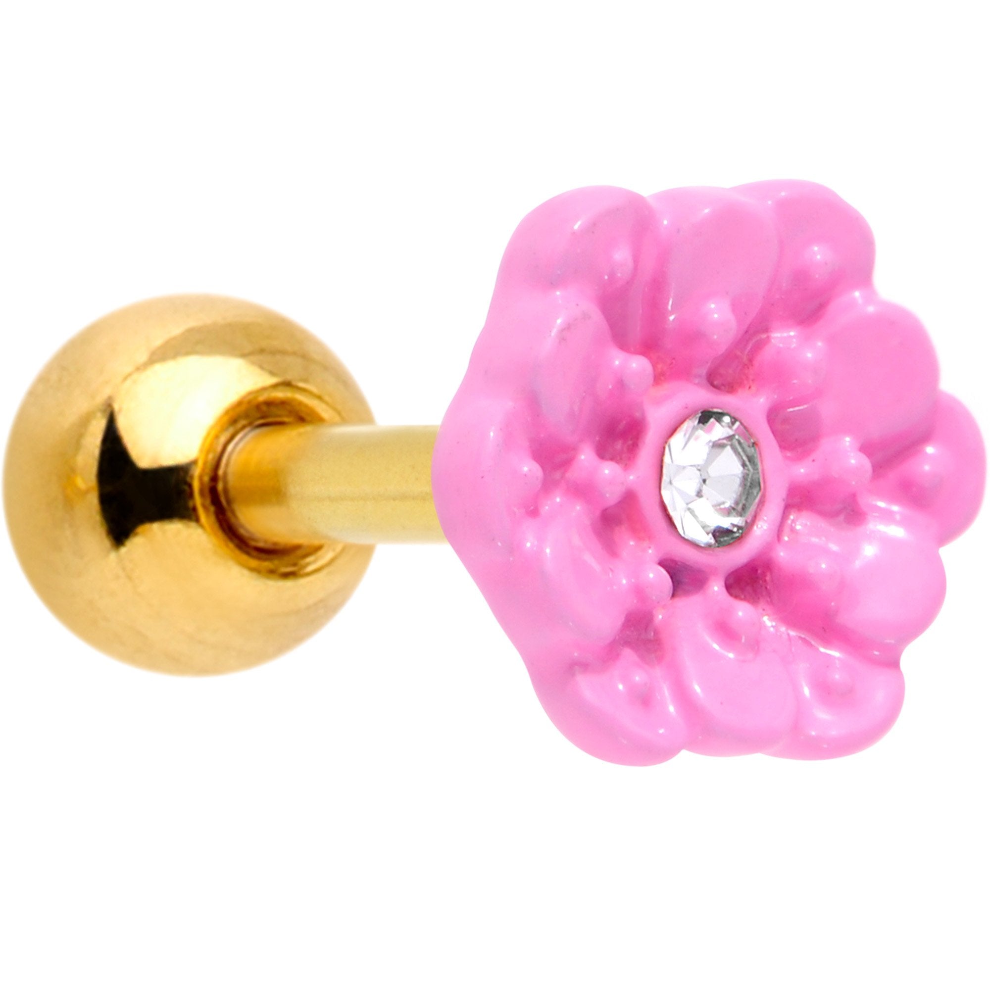 16 Gauge 1/4 Clear Gem Gold Tone Pink Flower Tragus Cartilage Earring