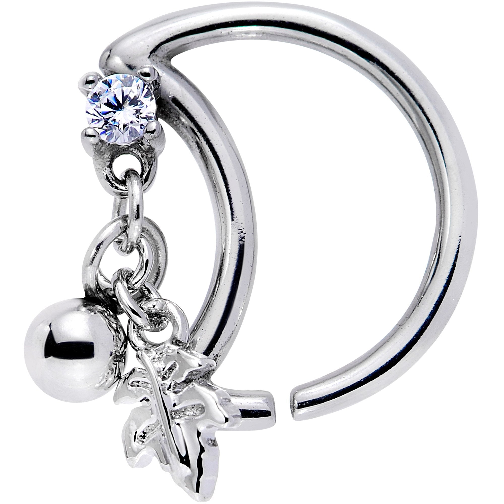 16 Gauge 3/8 Clear CZ Gem Crescent Moon Leaf Dangle Closure Ring