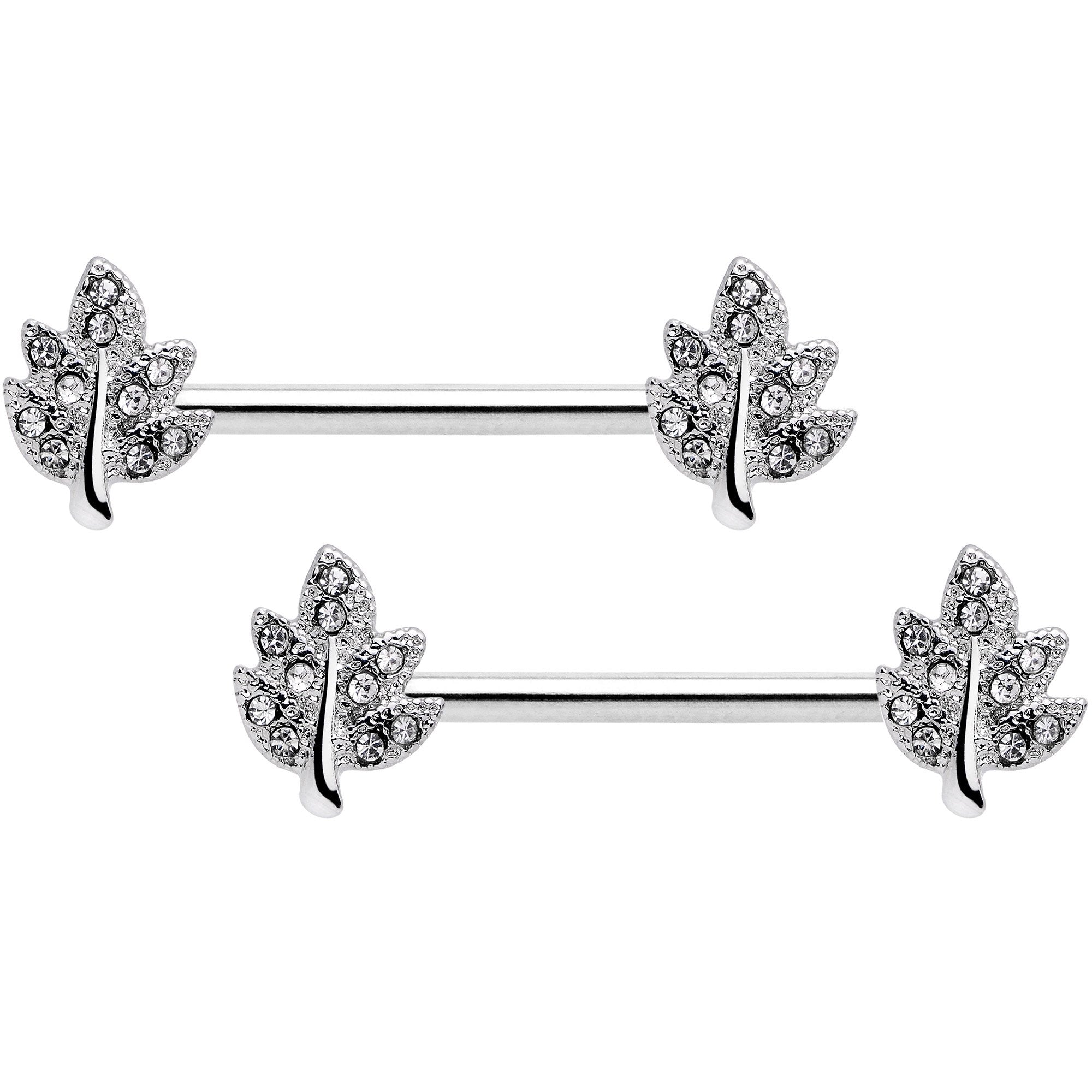 14 Gauge 9/16 Clear Gem Maple Leaf Barbell Nipple Ring Set