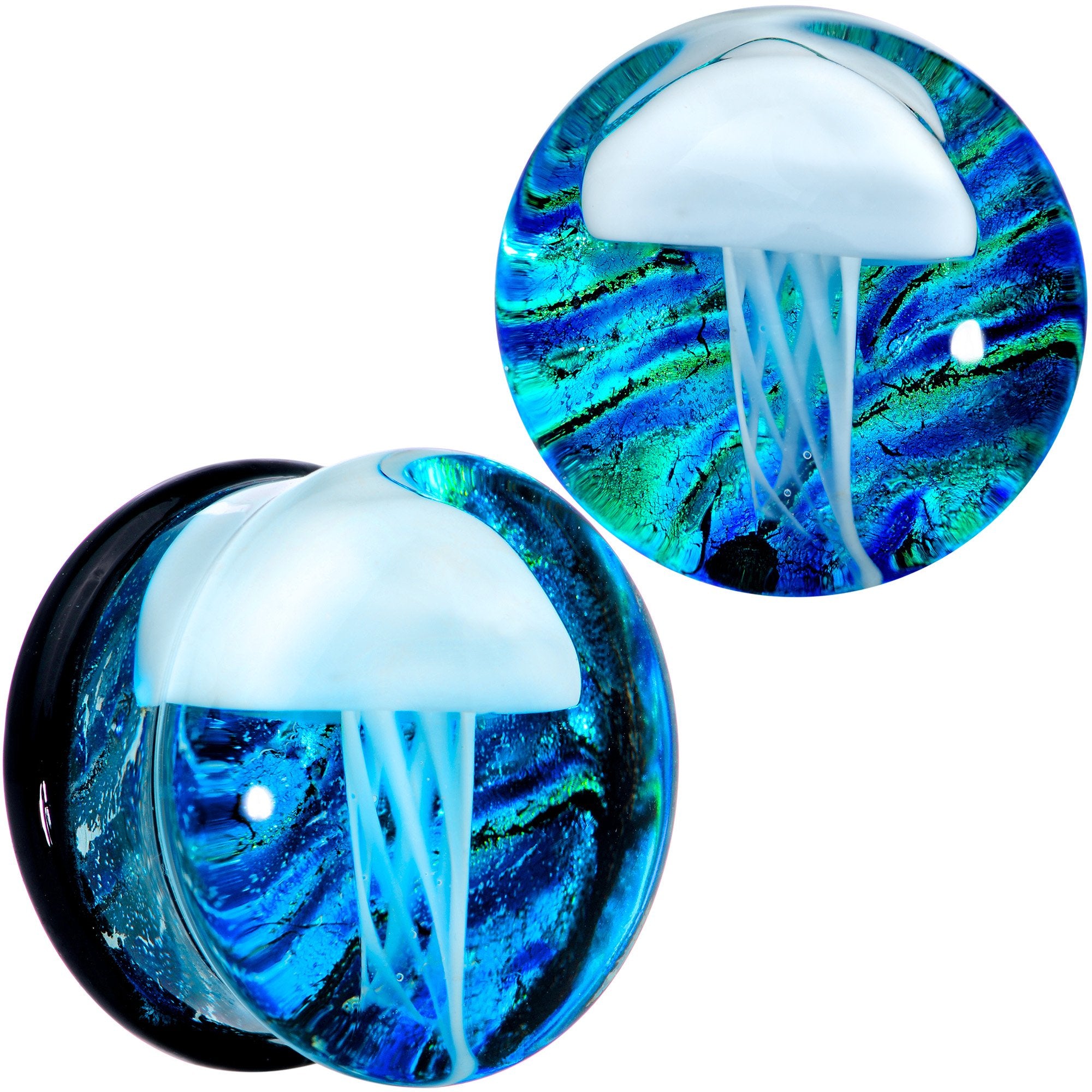 Blue White Glass Nautical Jellyfish Double Flare Plug Set