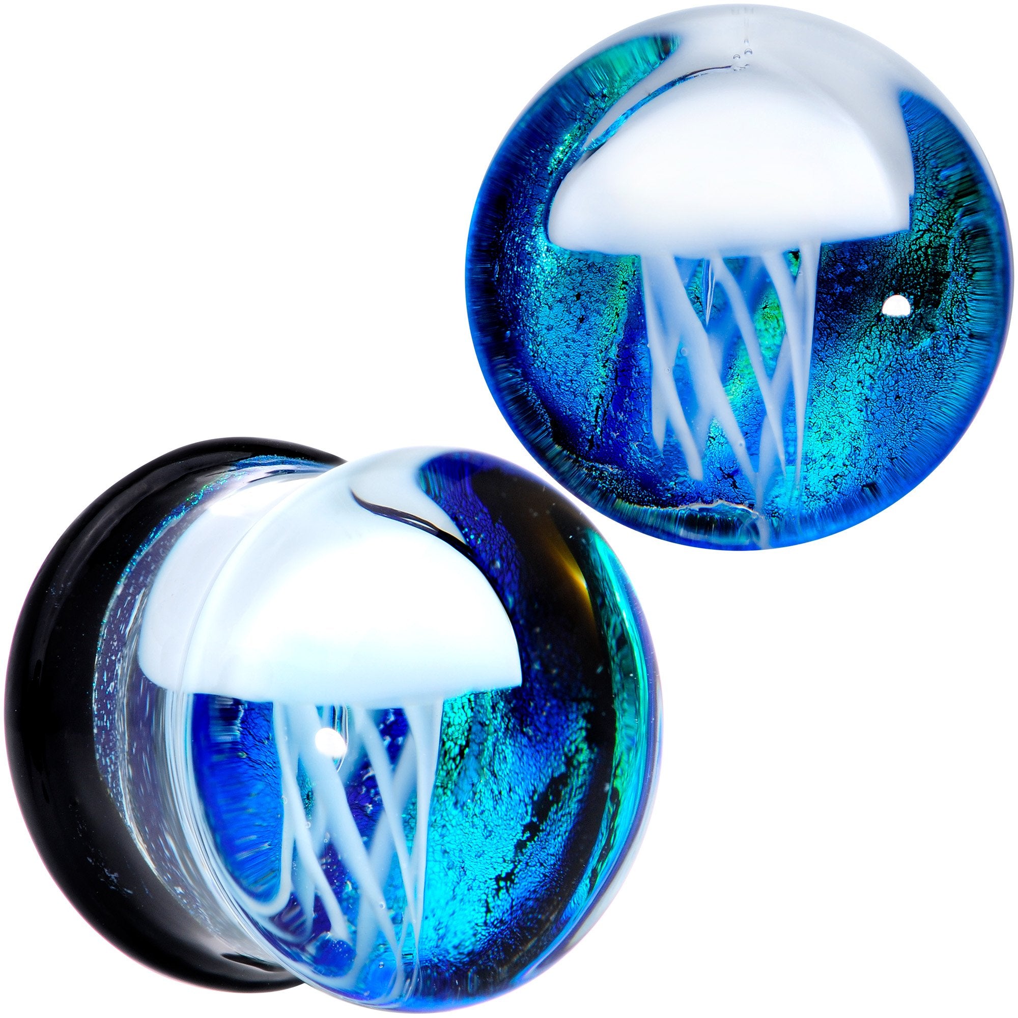 Blue White Glass Nautical Jellyfish Double Flare Plug Set