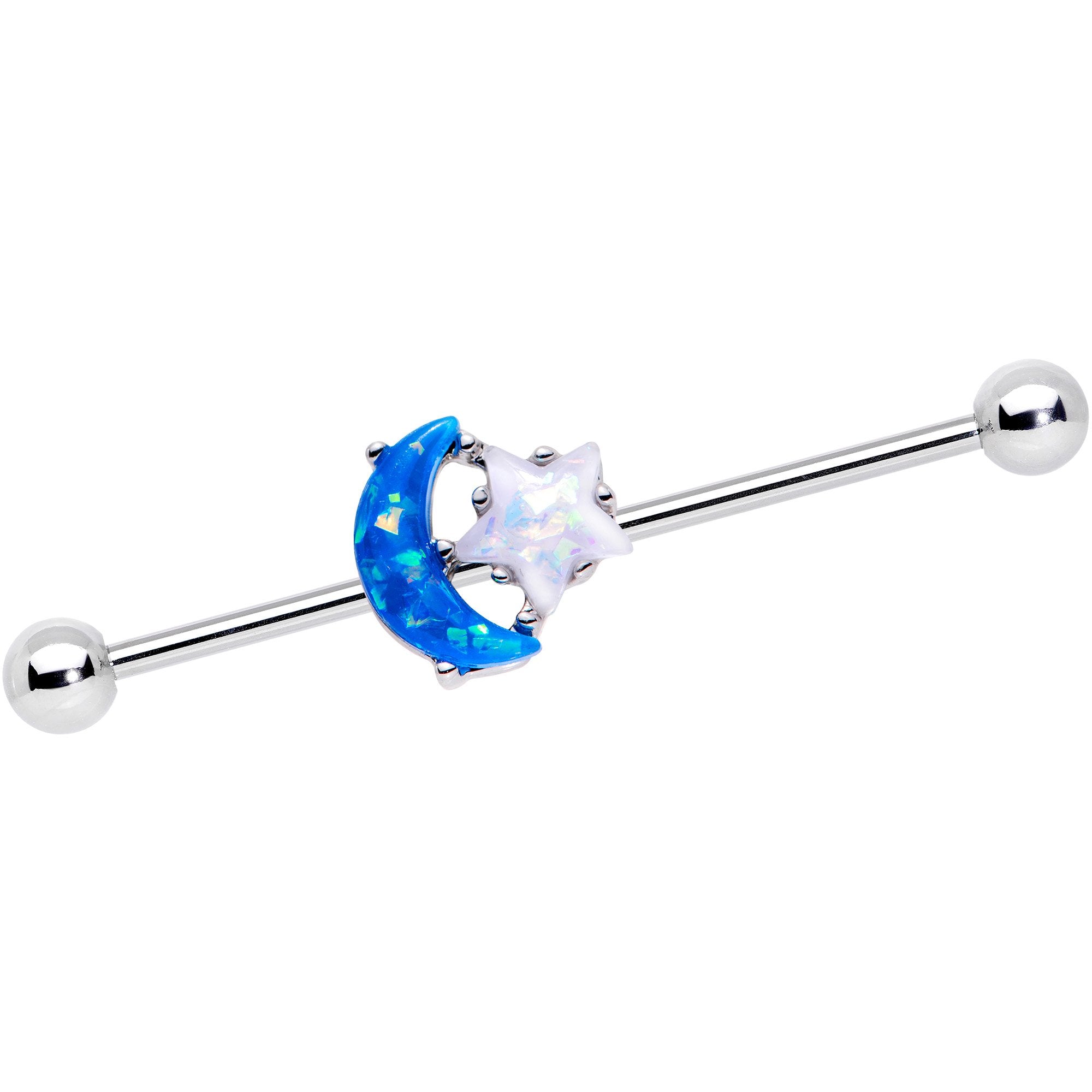 14 Gauge Blue White Faux Opal Starry Moon Industrial Barbell 38mm