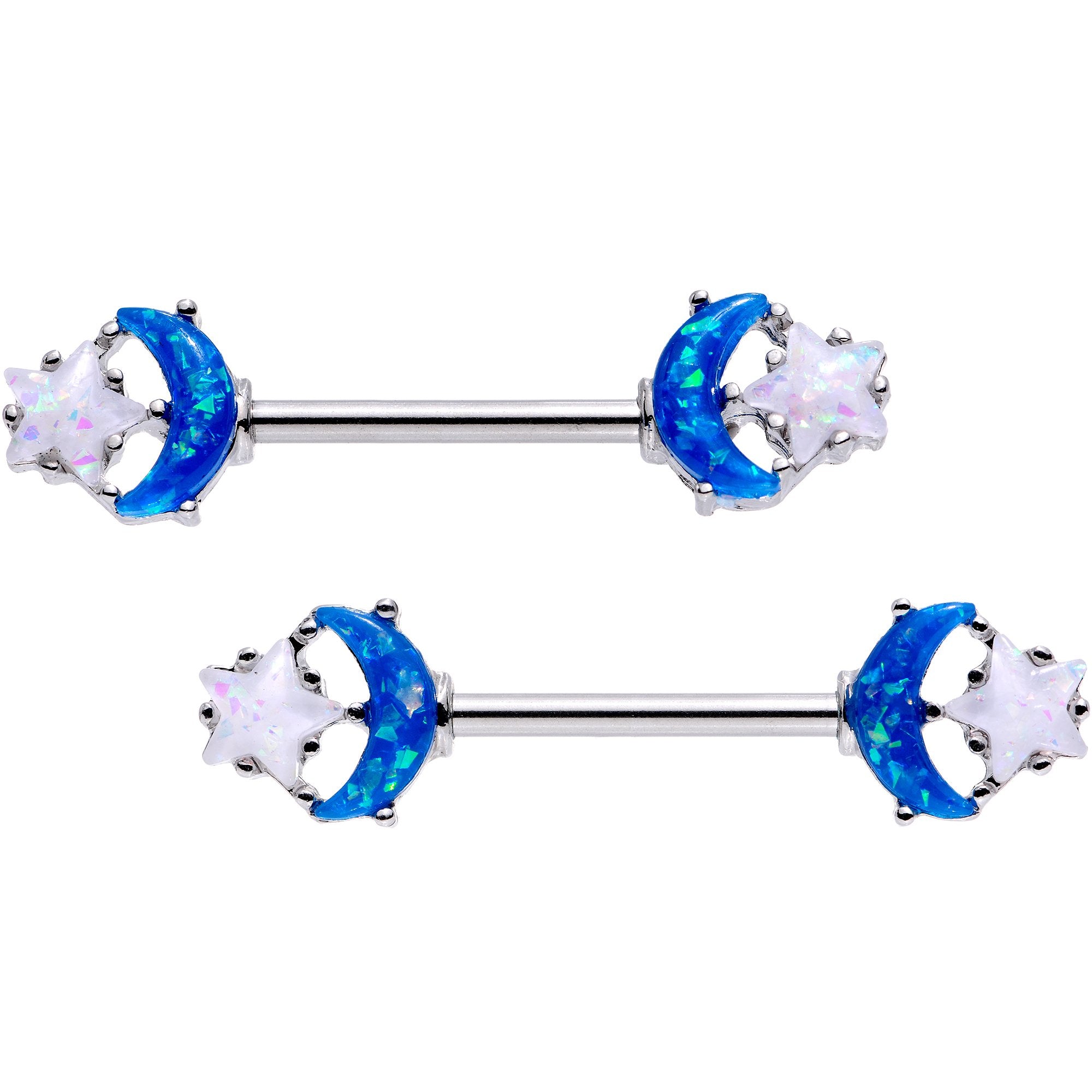 14 Gauge 9/16 Blue White Faux Opal Starry Moon Barbell Nipple Ring Set