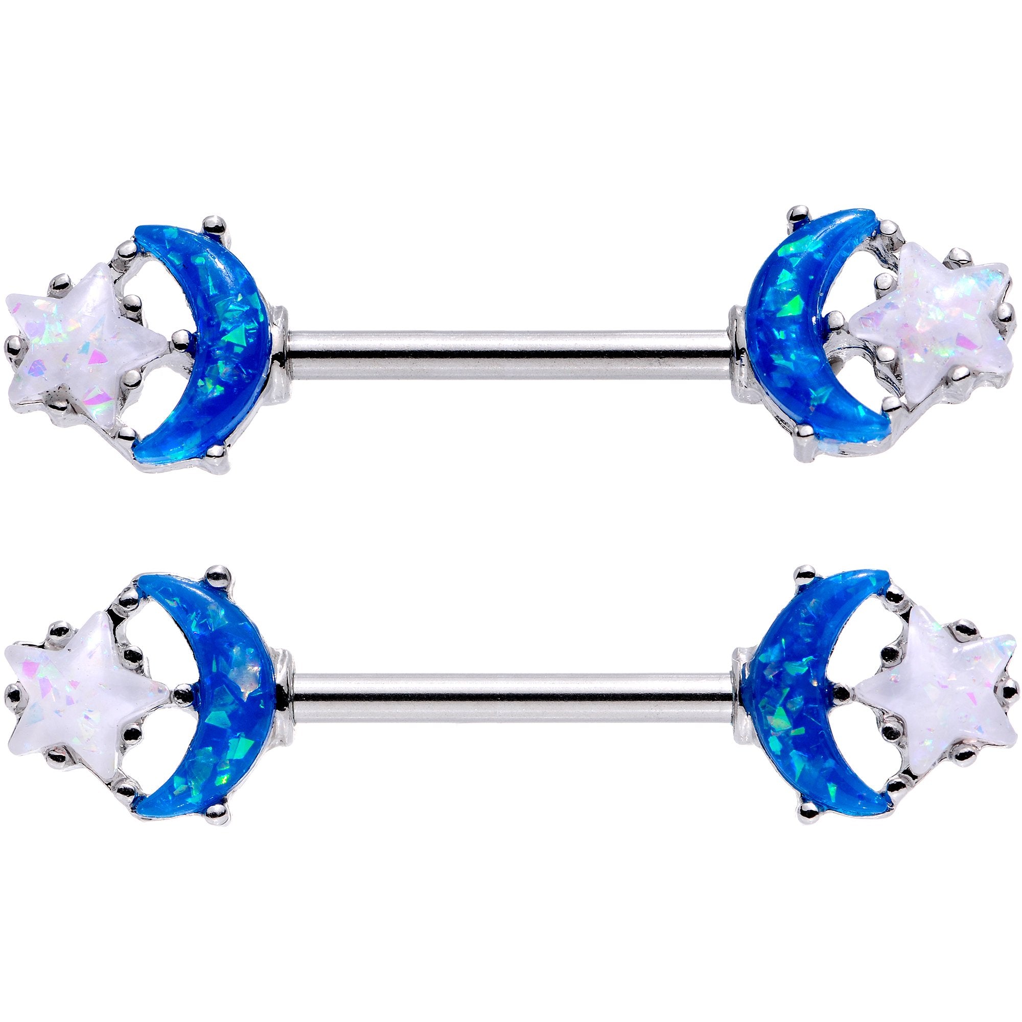 14 Gauge 9/16 Blue White Faux Opal Starry Moon Barbell Nipple Ring Set