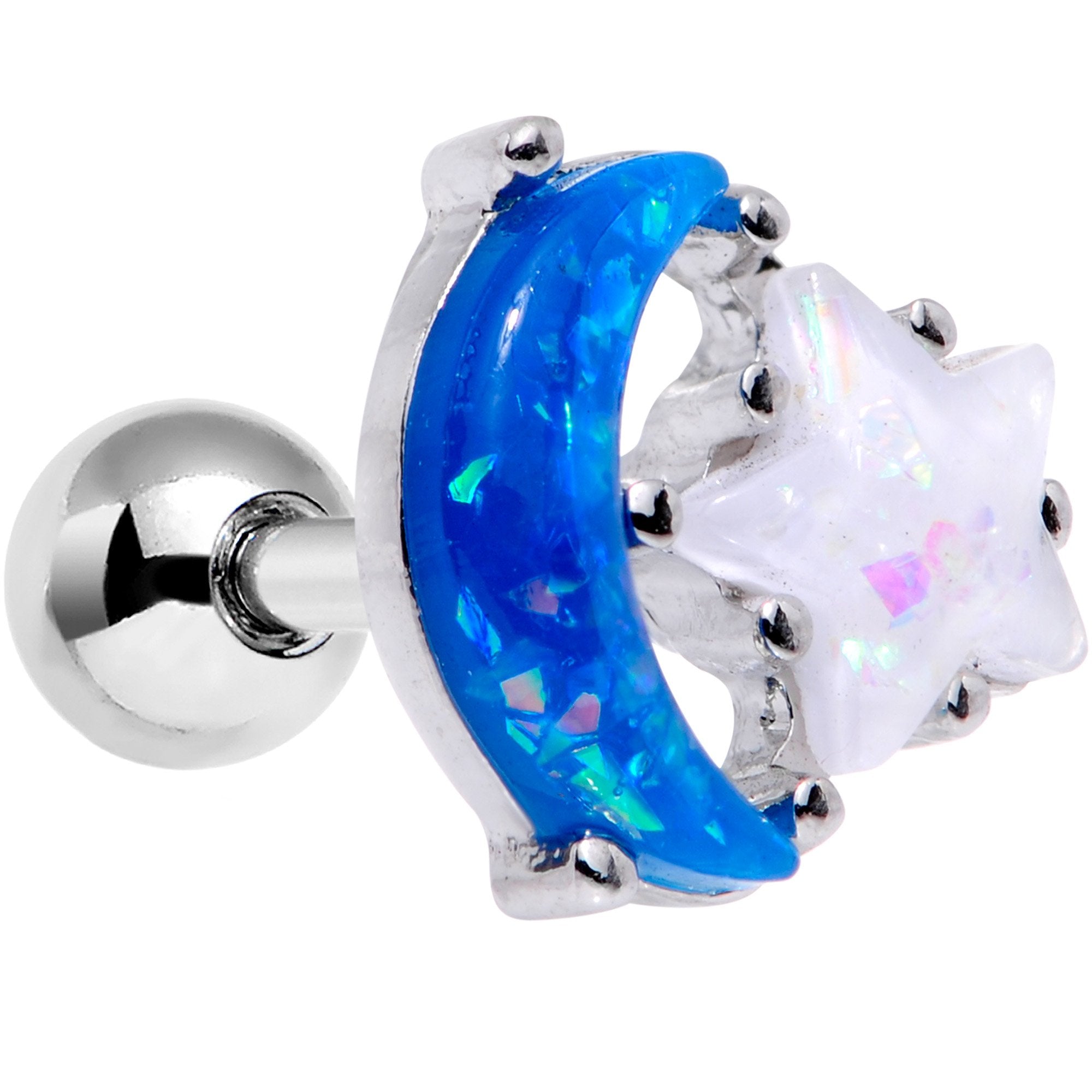 16 Gauge 1/4 Blue White Faux Opal Star Moon Cartilage Tragus Earring