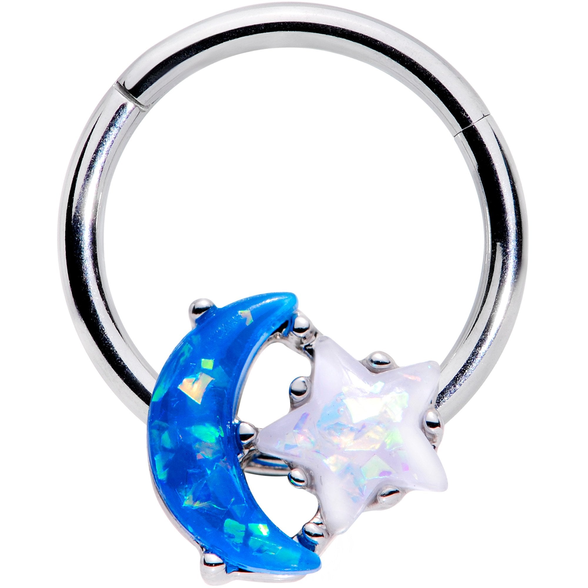 16 Gauge 3/8 Blue White Faux Opal Starry Moon Hinged Segment Ring