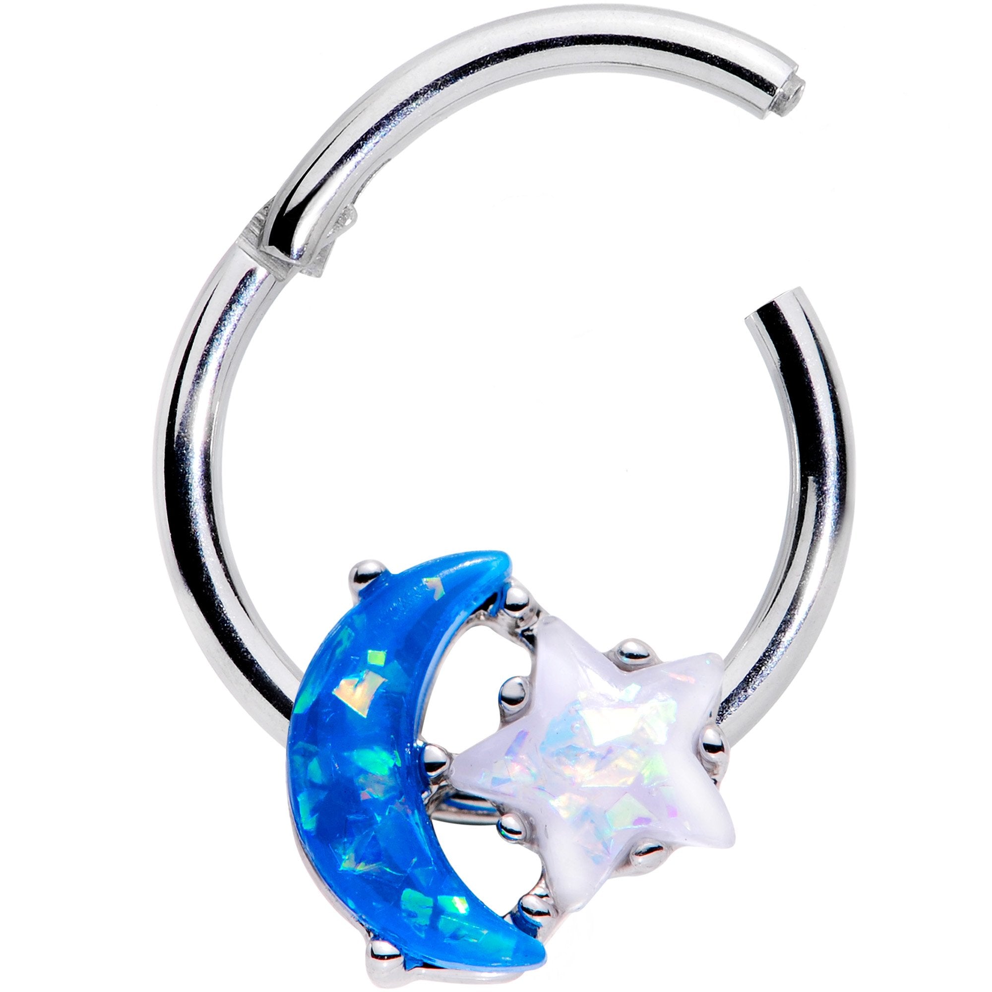 16 Gauge 3/8 Blue White Faux Opal Starry Moon Hinged Segment Ring