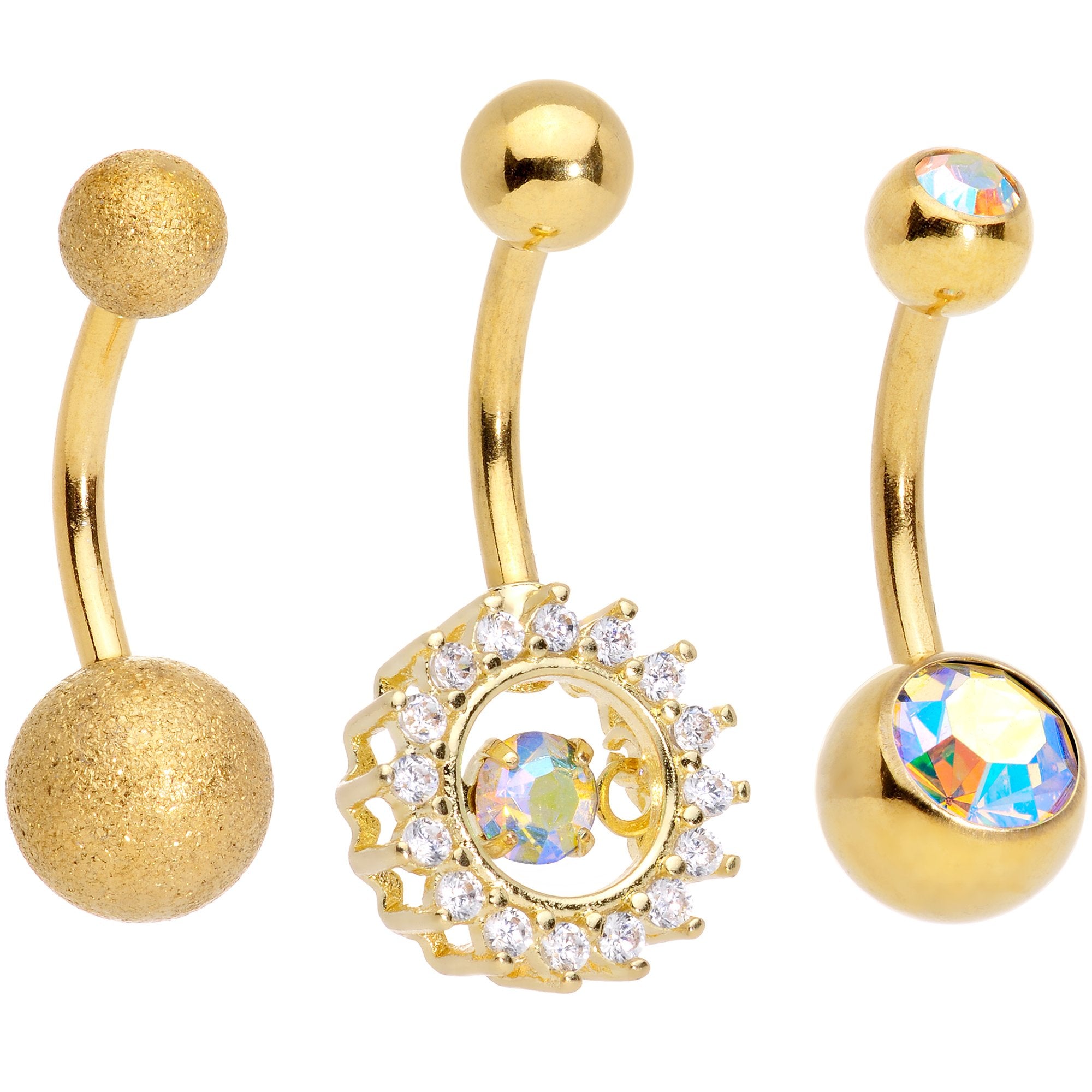 Aurora Gem Gold Tone Elegant Dance Belly Ring Set of 3