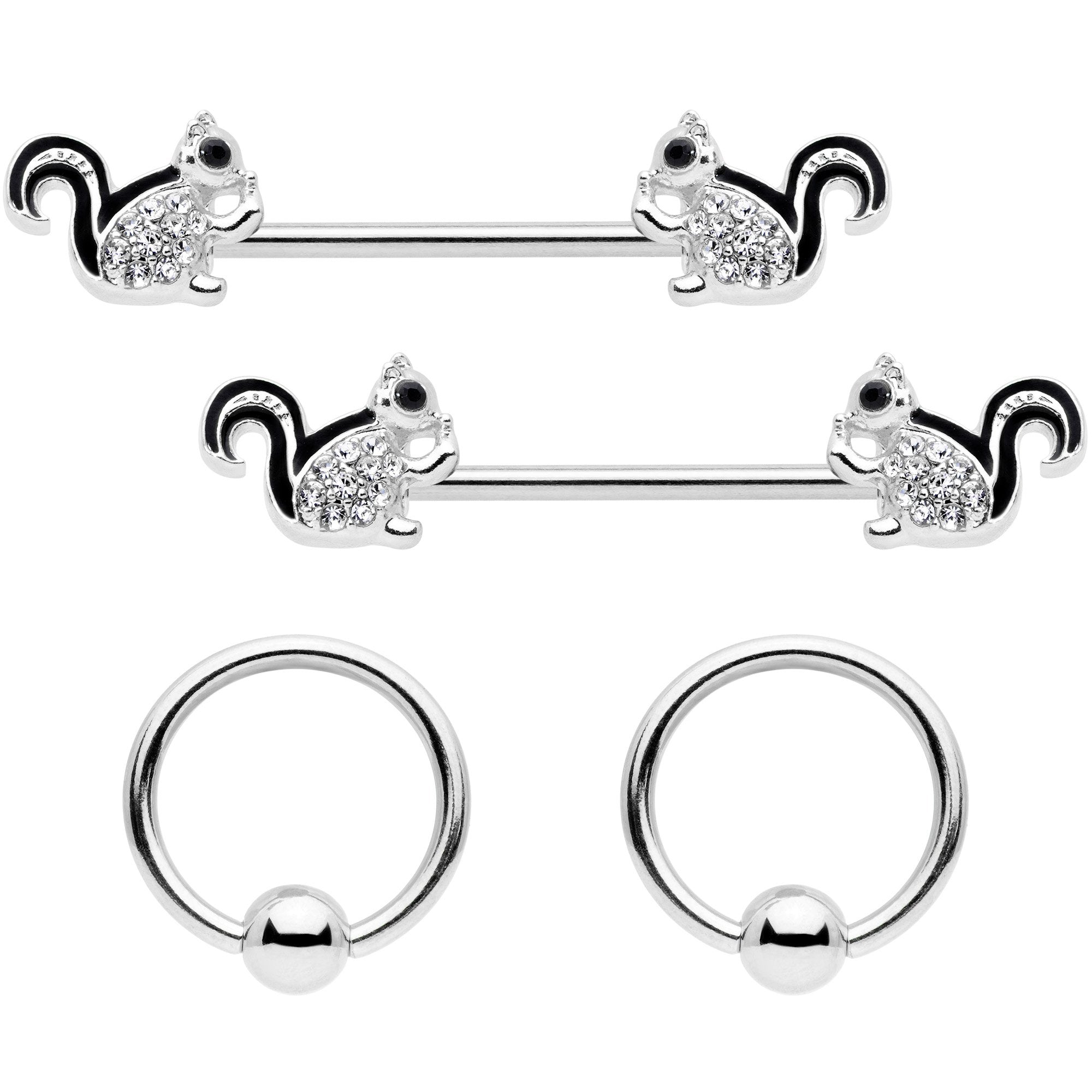 14 Gauge Clear Gem Squirrel BCR Barbell Nipple Ring Set of 4