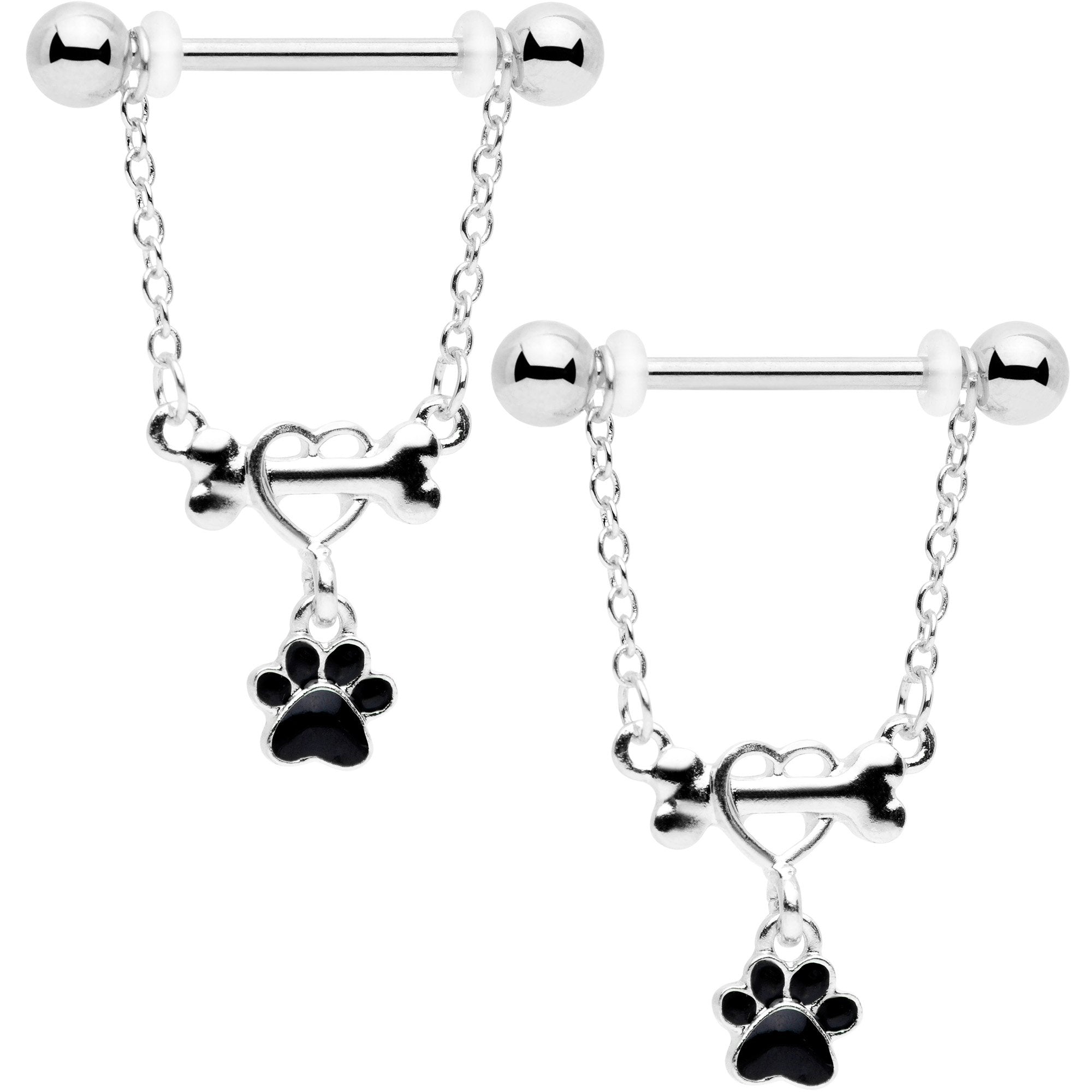 14 Gauge Love My Dog Paw Print Dangle Nipple Ring Set