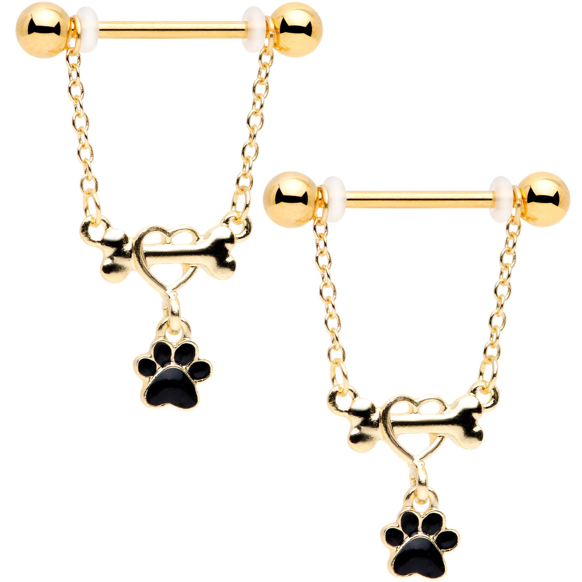 14 Gauge Gold Tone Love My Dog Paw Print Dangle Nipple Ring Set