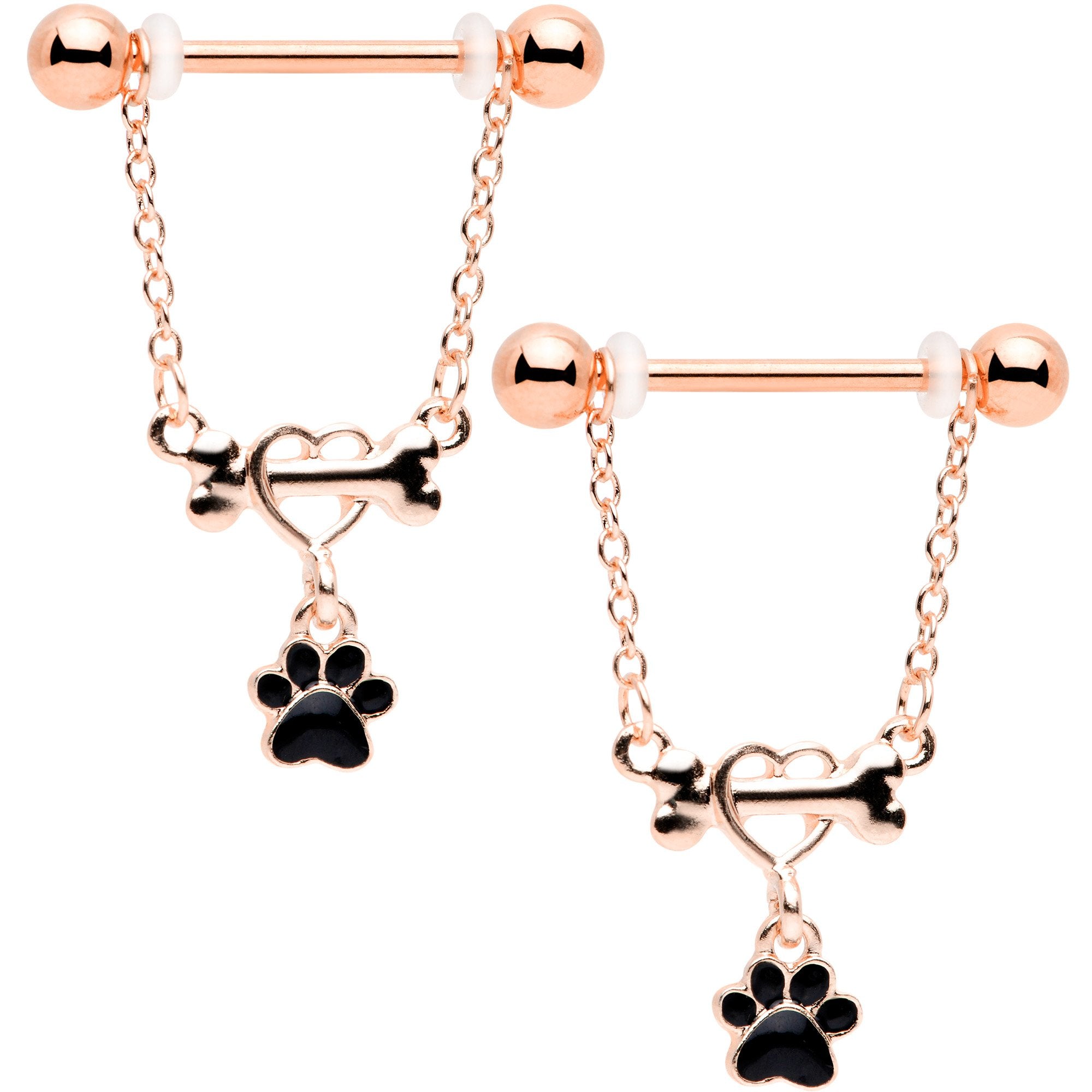 14 Gauge Rose Gold Tone Love My Dog Paw Print Dangle Nipple Ring Set