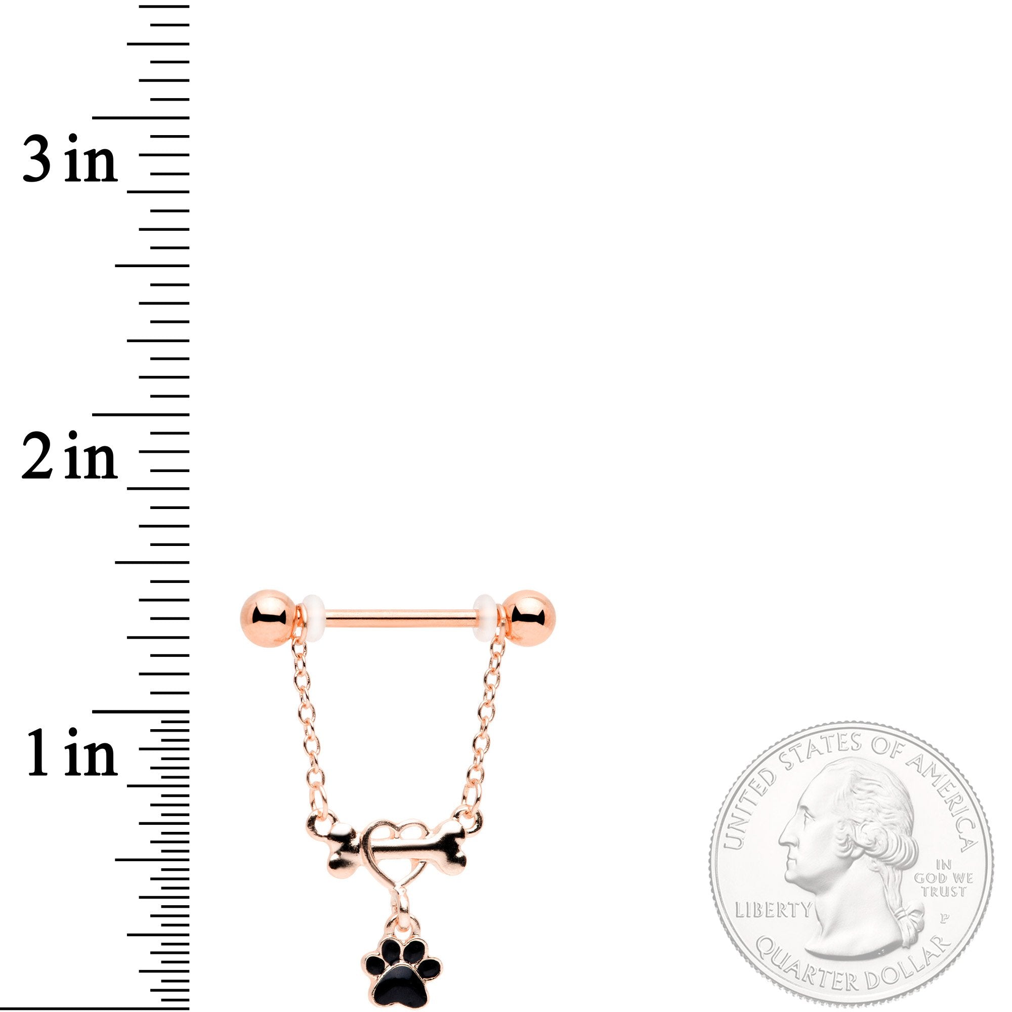 14 Gauge Rose Gold Tone Love My Dog Paw Print Dangle Nipple Ring Set