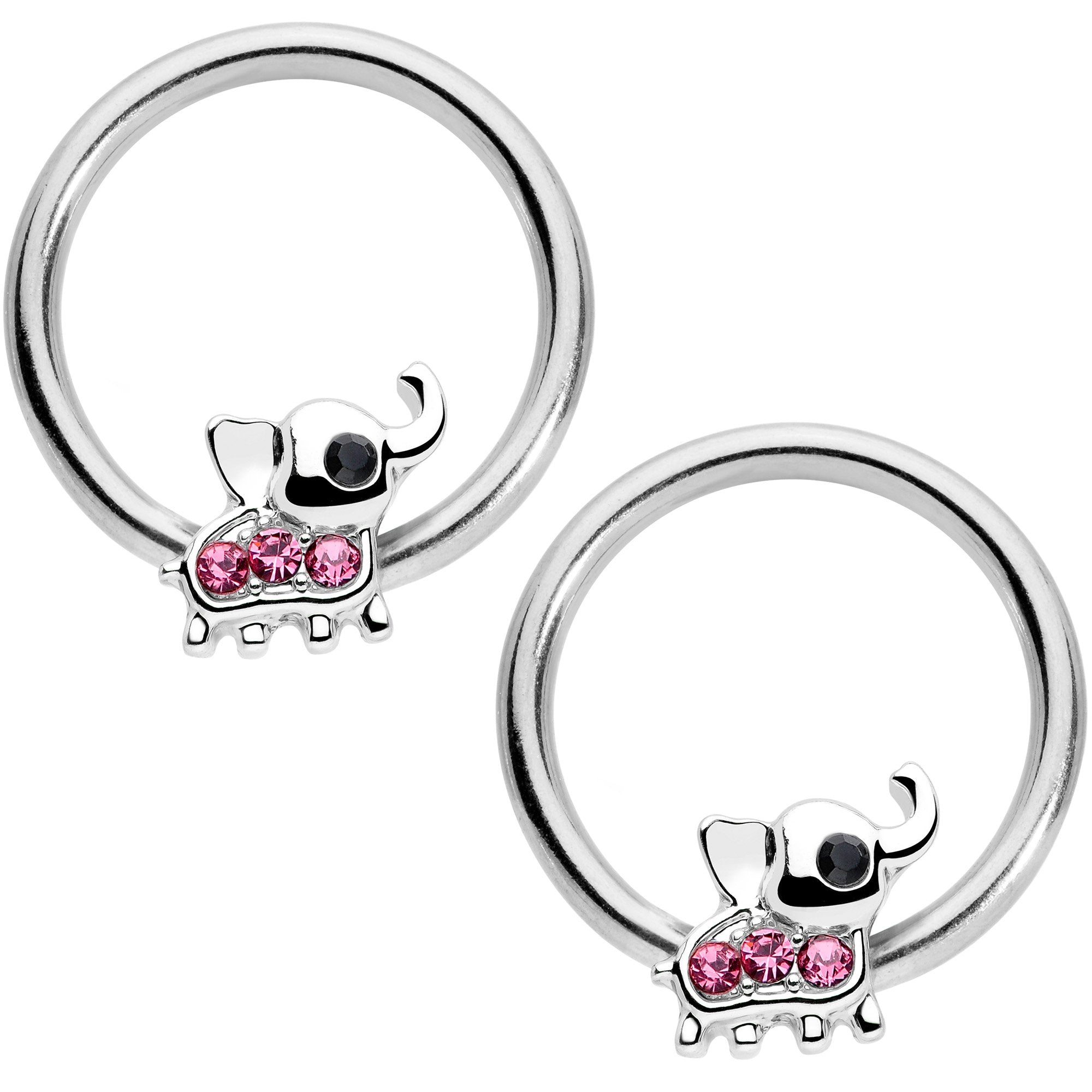 14 Gauge 1/2 Pink Gem Elephant BCR Captive Nipple Ring Set